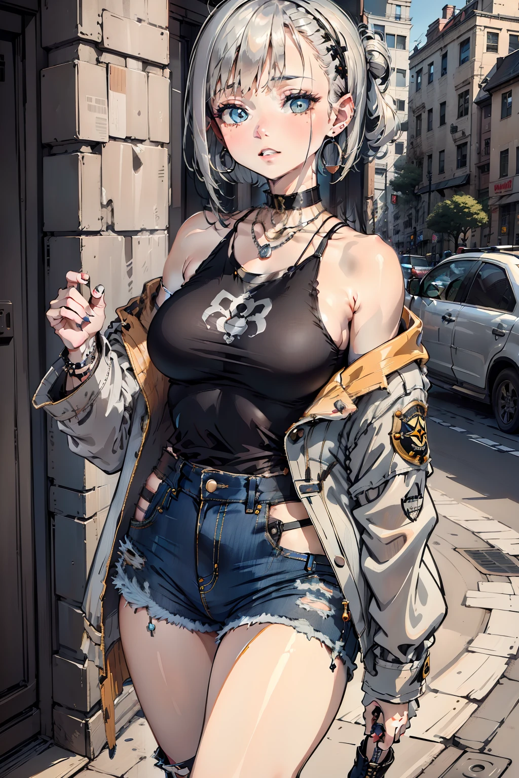 (masterpiece:1.2, best quality), (1lady, solo, upper body:1.2), Hair: buzz cut, Clothing: oversized, distressed denim jacket with patches and pins, paired with black skinny jeans and combat boots, Accessories: silver hoop earrings and a black choker necklace, Hanging out in an underground music venue or street art exhibit