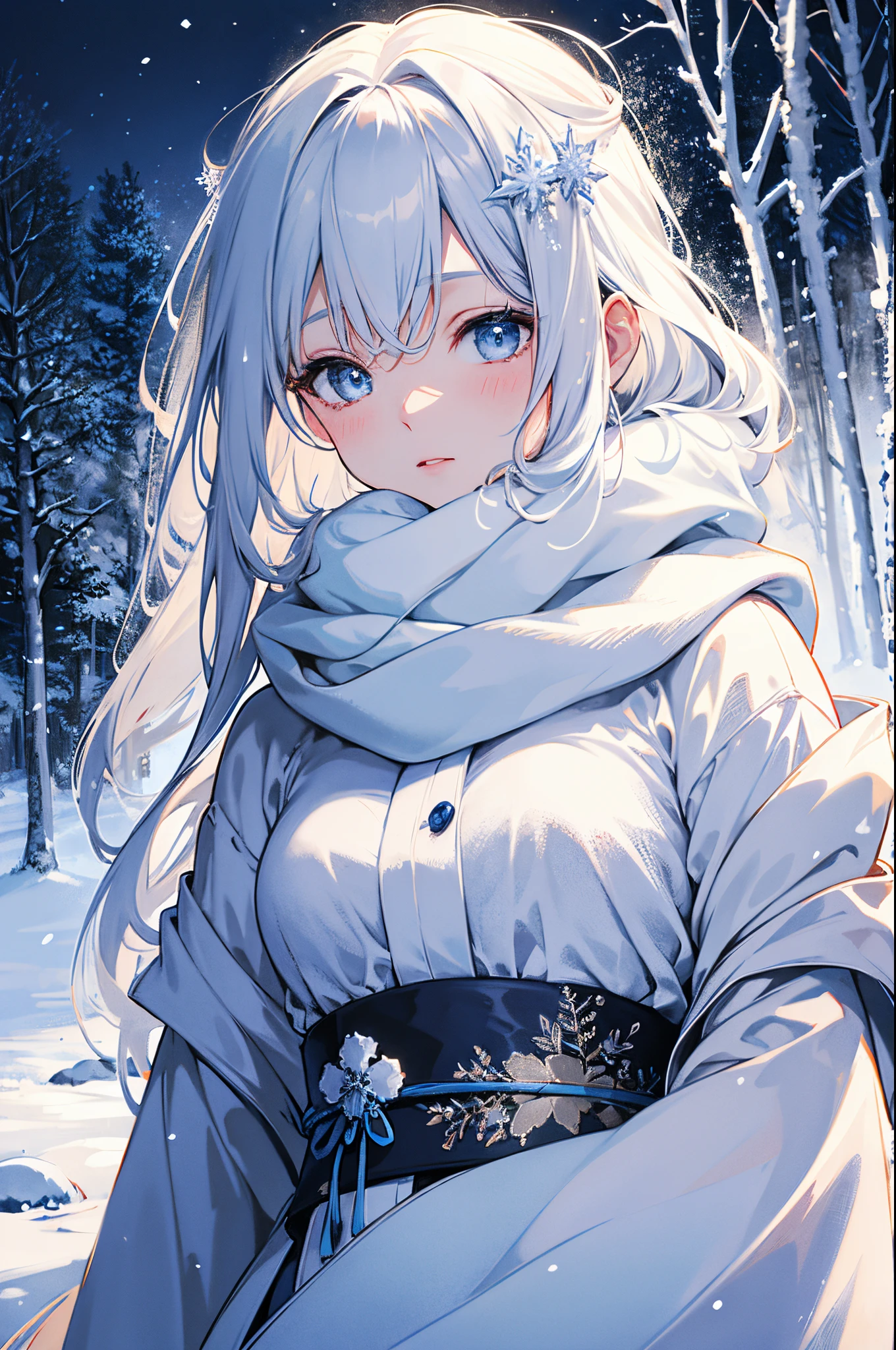 best quality,4k,8k,highres,masterpiece:1.2,ultra-detailed,physically-based rendering,realistic,portrait,yuki onna,scarf,snow,blue and white color palette,long flowing hair,pale skin,icy breath,frosted eyelashes,frozen landscape,cold winter night,dark woods,calm expression,traditional japanese ghost,ethereal beauty,subtle lighting,soft snowflakes falling,distinct features,elegance and grace,enchanted atmosphere,serene and mysterious ambiance