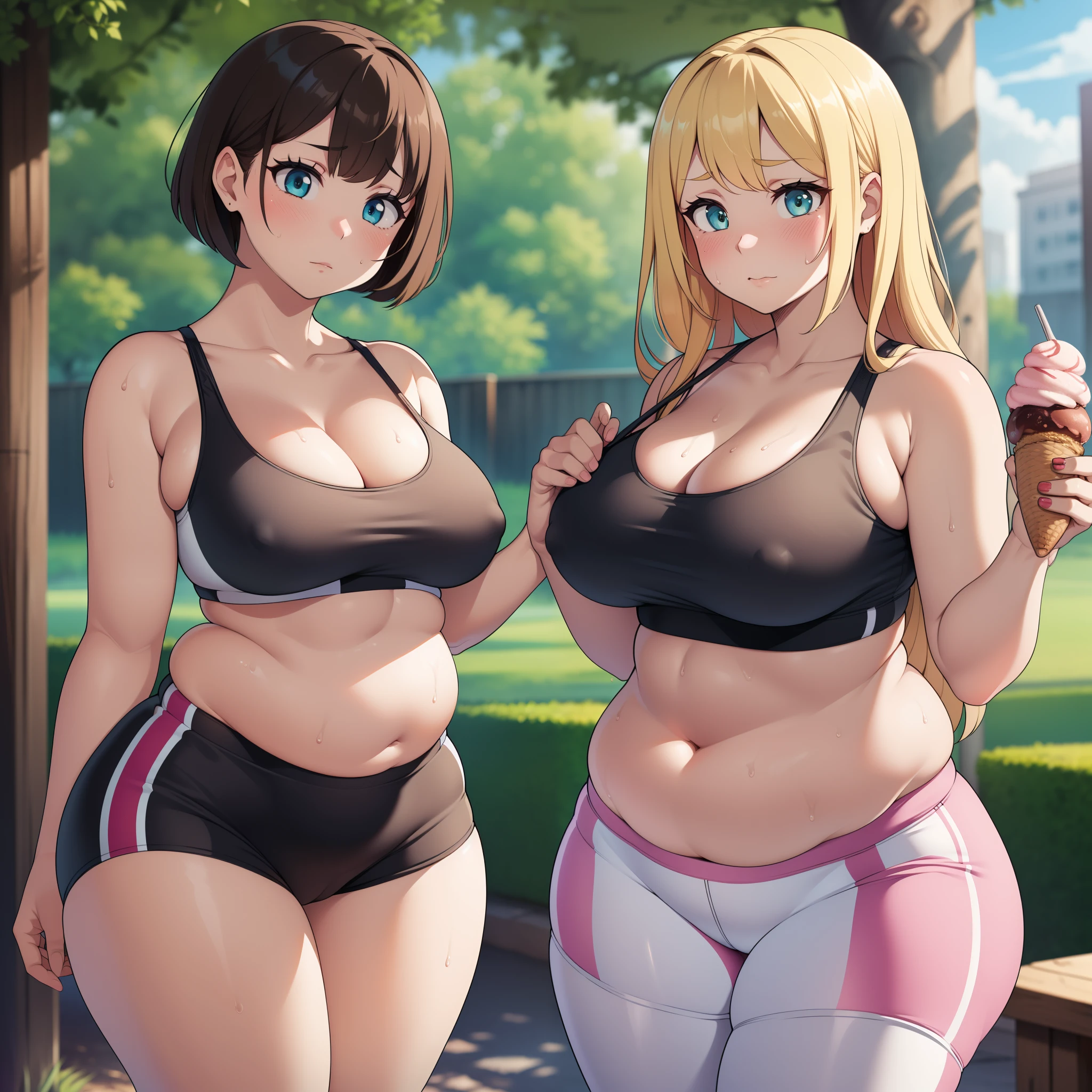 ((high res)), (Masterpiece), perfect anatomy, perfect shading, field of depth, (best quality), extremely delicate and beautiful, perfect lighting, detailed face, ultra cute face, cute, (cowboy shot 1.2), full body, (((2girls))), ((2 girls 1 and 2))

Girl 1: has long hair, fluffy hair, blonde hair, blue eyes, (blush), embarrassed, (sports bra 1.2), (sport shorts 1.2), extremely tight clothes, medium breasts, cleavage, perky breasts, ((wide hips)), (thick thighs), (chubby), pudgy belly, fat rolls, belly hang, sweaty, out of breath,

Girl 2: has short hair, fluffy hair, brown hair, green eyes, pale skin, (blush), (sports bra 1.2), (leggings 1.2), extremely tight clothes, medium breasts, cleavage, perky breasts, (((wide hips))), ((thick thighs)), (plump), chubby belly, fat rolls, belly hang, she has a jiggly belly, 

dock, outside, intricate background, detailed background, girls are standing next to each other, holding ice cream,