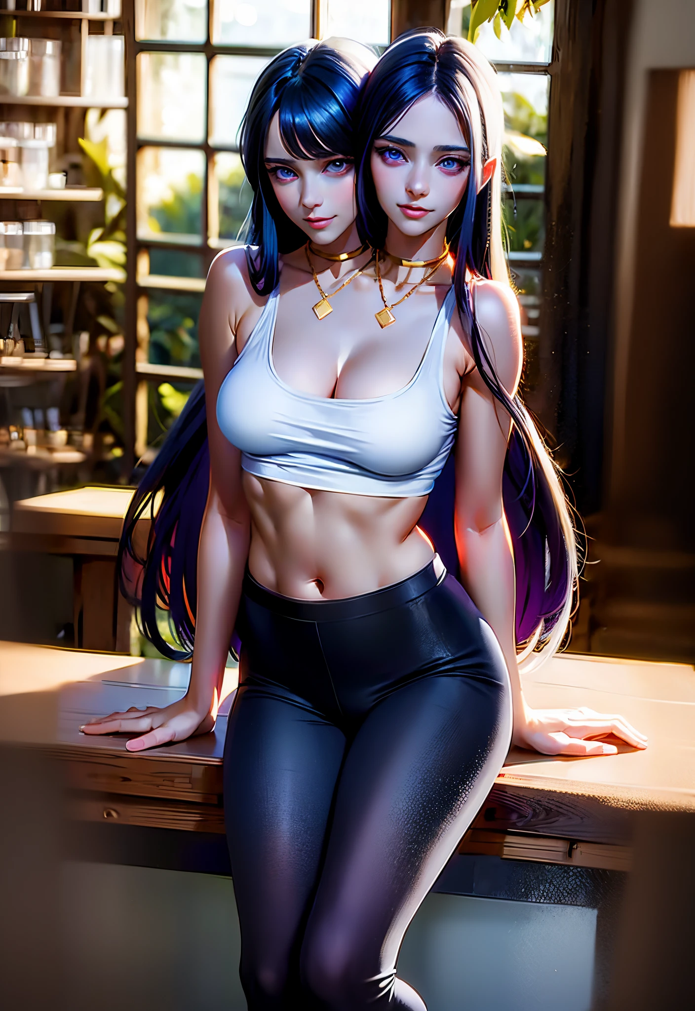 (masterpiece, best quality), best resolution, (2heads:1.5), Slim Adult Body, (Light Smile), (Long Black Hair), (Long White Hair) (Blue Eyes), (Purple Eyes), (LargeBreasts), (Fitted Tank Top), Black Fitted Long Leggings, (Golden Necklace), Seductive Pose, Beautiful Eyes, NSFW, Hentai, Best Quality, Highest Quality, High-Res, (Masterpiece:1,2), Perfect Lighting,(8k:1.1)