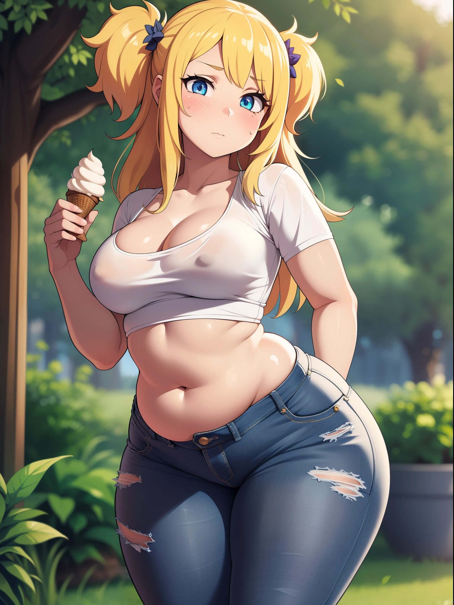 ((high res)), (Masterpiece), perfect anatomy, perfect shading, field of depth, (best quality), extremely delicate and beautiful, perfect lighting, detailed face, ultra cute face, cute, (cowboy shot 1.2), full body, ((1girl)), ((solo)), looking at viewer,

long hair, fluffy hair, blonde hair, blue eyes, (blush), embarrassed, affectionate, (crop top 1.2), (jean shorts 1.2), extremely tight clothes, medium breasts, cleavage, perky breasts, ((wide hips)), (thick thighs), (chubby), pudgy belly, fat rolls, belly hang,

park, outside, intricate background, detailed background, holding ice cream, hand on hip