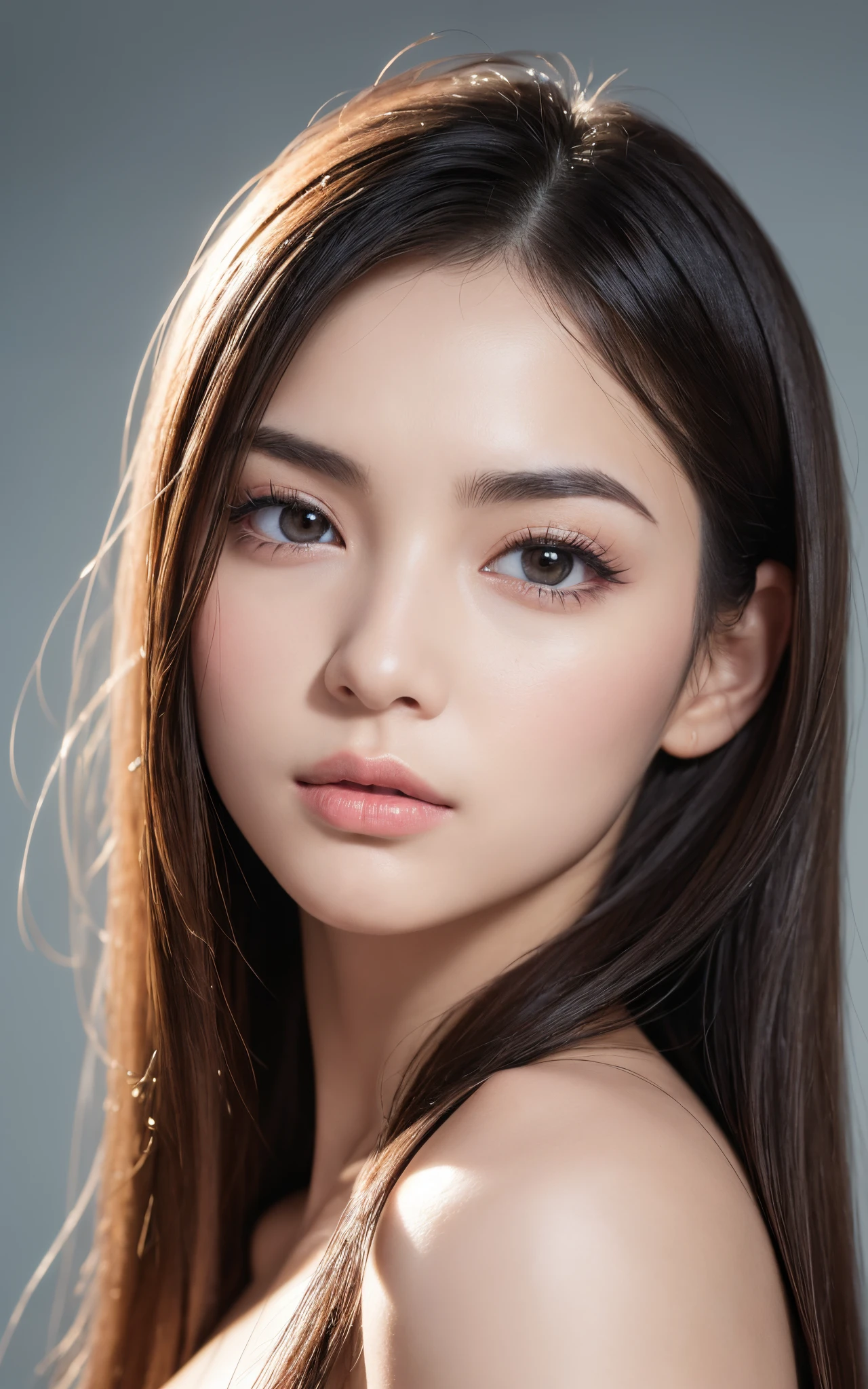 ((((8K, Photography, Raw photo, Hyper-Realism, masutepiece, Best Quality, 超A high resolution)))), (Pin Light, Back Light, Backlighting, Cinematic Light), Sharp Focus:1. 4, (Hyper Detail, Finely detailed), Face Close-up, close-up, 1girl in, Egg-shaped face with cat-like eyes, Small and plump lips, Straight and cute nose, cheekbones turn a little red, thick eyebrows and long, clean eyelashes,.
