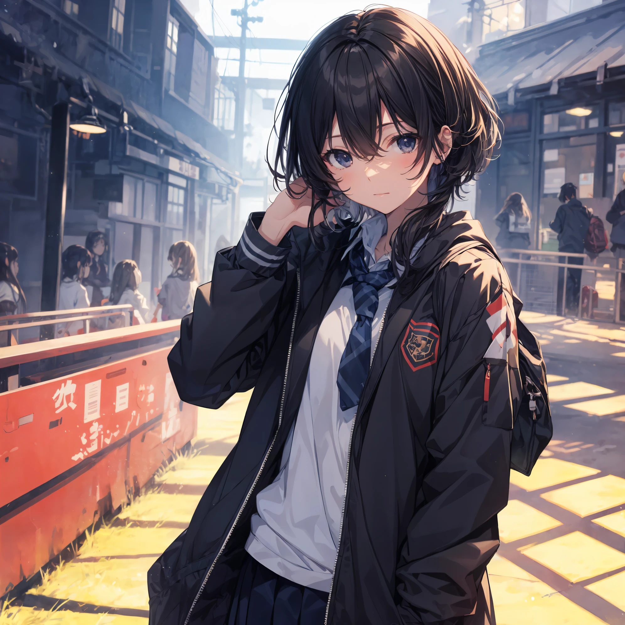 of the highest quality, Ultra-detailed, anime moe art style,Best Anime 8K Konachan Wallpapers,Pixiv Contest Winner,Perfect Anatomy, (Draw a girl sleepily walking to school. ),BREAK, 1girl in, (Solo,Lori,,13yea:1.3),a junior gynous attraction, (Very short hair),hair messy, Full limbs, complete fingers,flat chest, Small butt, groin, Small eyes,Precise black eyes,disgusted eye, School uniform, Skirt,On the way to school. BREAK,High resolution,super detailed skin, Professional Lighting, (cool illustration:1.2),