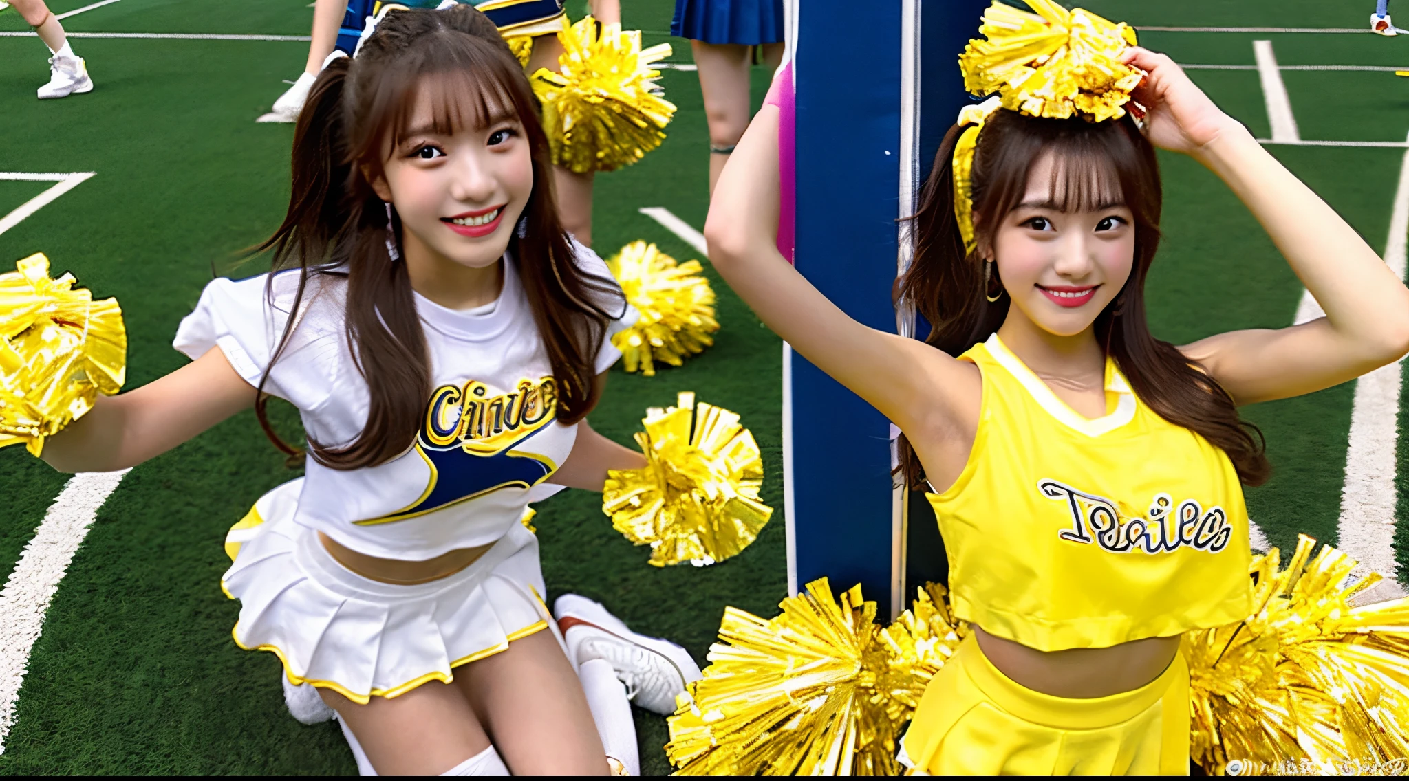 Cute 18-year-old cheerleader in a yellow miniskirt