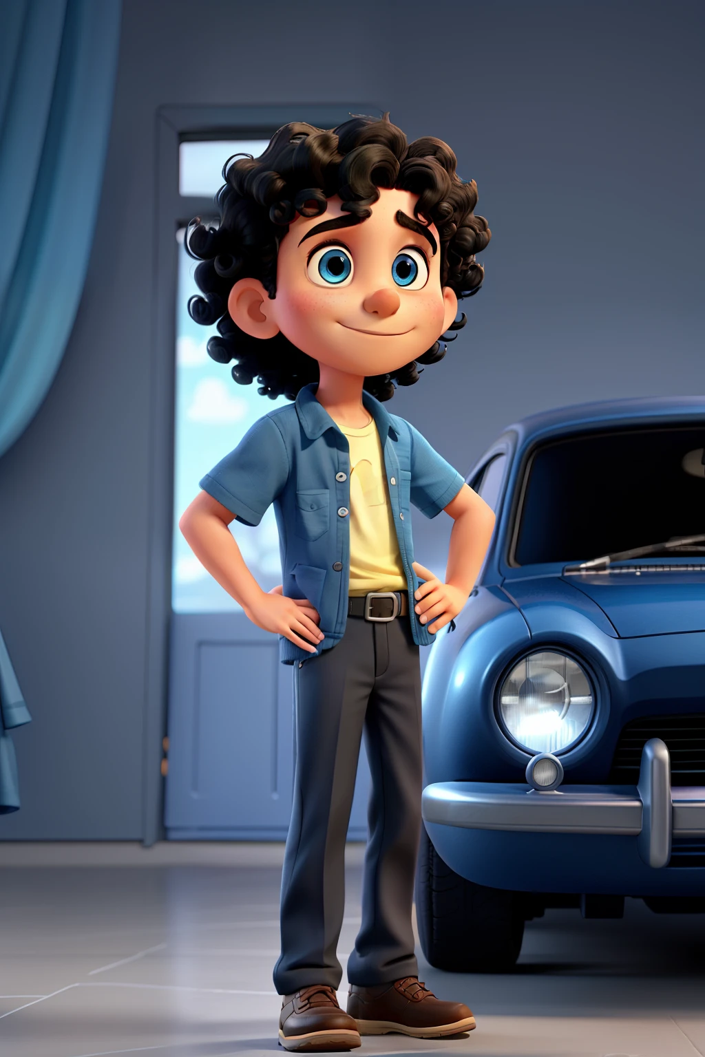 One boy standing infront of car in dark blue kurthaa with black curly hair and looking forward.Disney Pixar,