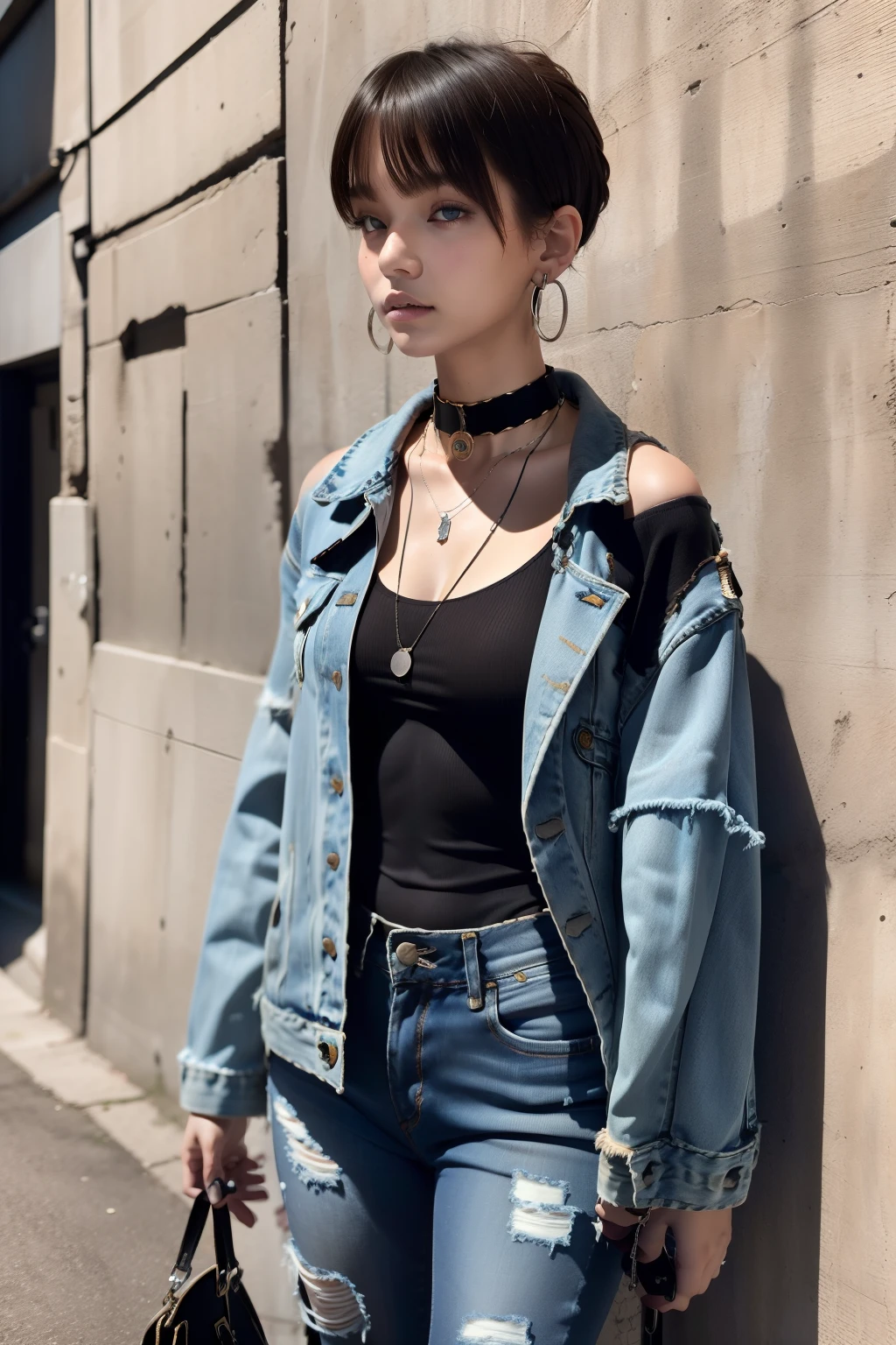 (masterpiece:1.2, best quality), (1lady, solo, upper body:1.2), Hair: buzz cut, Clothing: oversized, distressed denim jacket with patches and pins, paired with black skinny jeans and combat boots, Accessories: silver hoop earrings and a black choker necklace, Hanging out in an underground music venue or street art exhibit