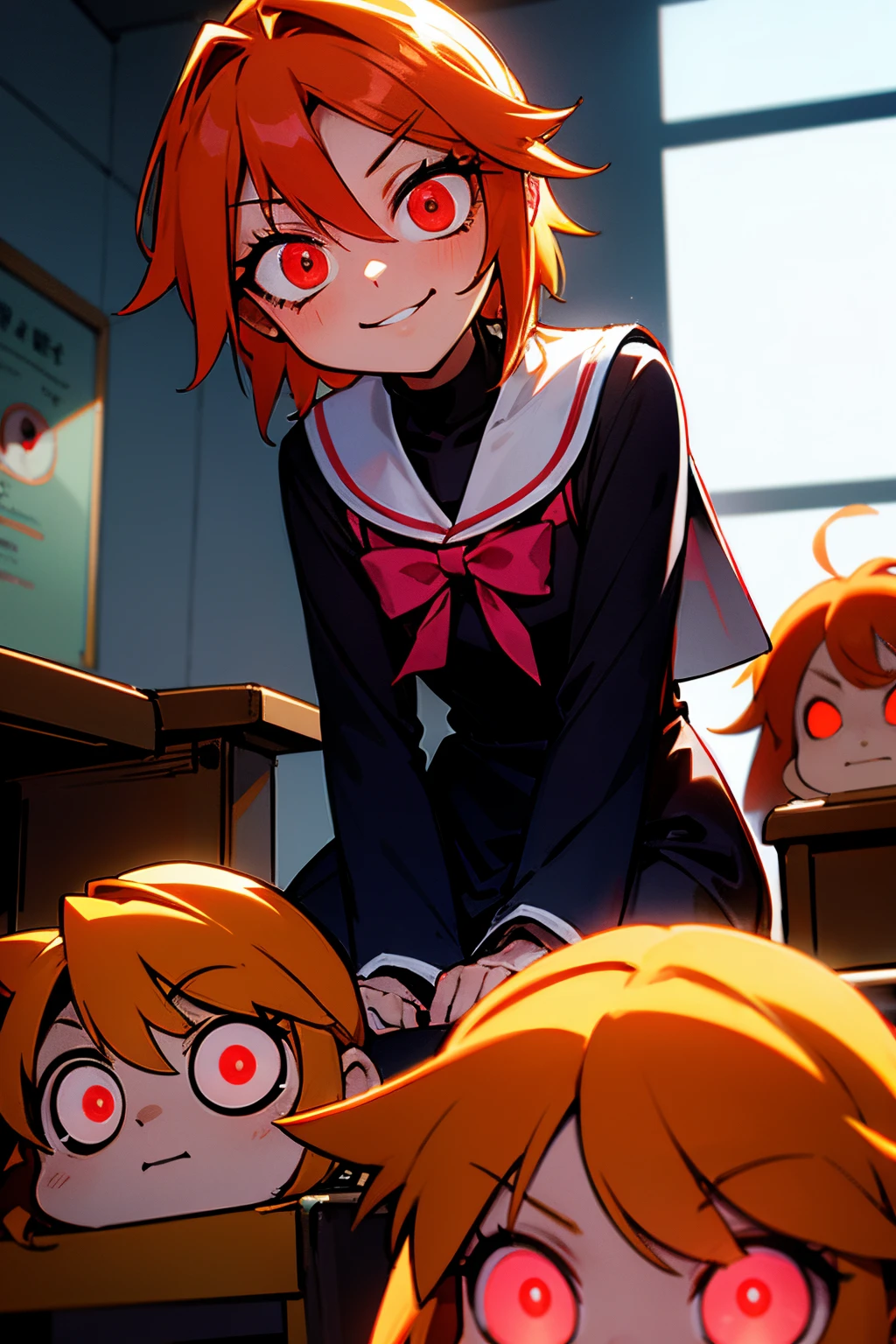 ,ginger hair, 'I am Nagisa', possessed Nagisa, glowing red eyes, horror setting, pervert, smile, sitting in class, evil aura, normal classroom setting