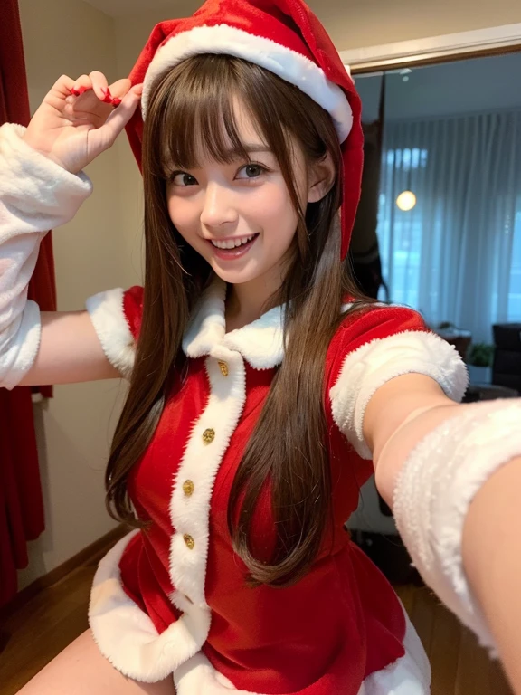 An ultra-high picture quality、((Only one girl appears in the photo、red and white santa costume、My girlfriend came to my house on Christmas day.))、(Very cute 27 year old Japanese woman、lovely expression、Laugh a lot、Very good style、gloss々Hair、Cute bangs、brown hair shoulder length)、Very fun、
