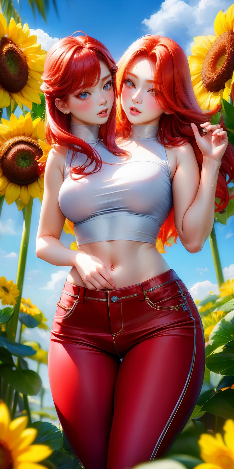 (masterpiece, best quality), best resolution, (2heads:1.5), realisticlying、 1 人、Red-haired、verd s eyes, radiant eyes, croptop, skinny pants, Parted lips, red blush, natta, florals, suns, sunlights、