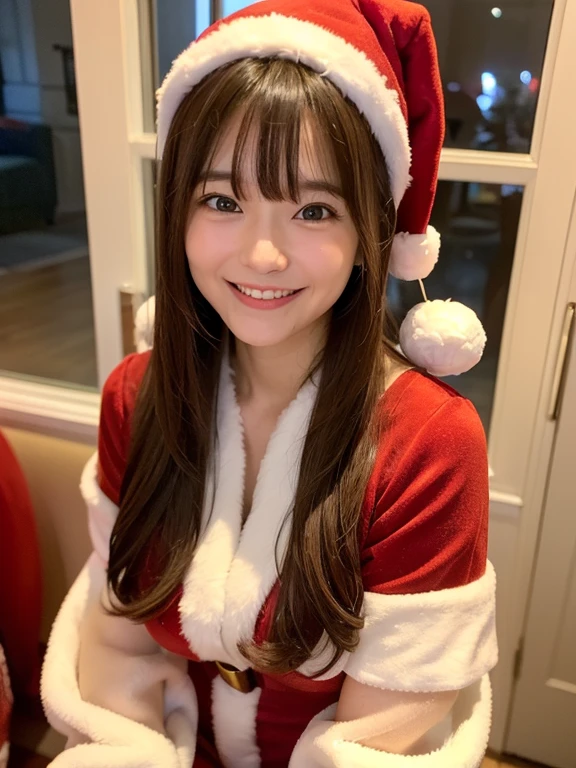 An ultra-high picture quality、((Only one girl appears in the photo、red and white santa costume、My girlfriend came to my house on Christmas day.))、(Very cute 27 year old Japanese woman、lovely expression、Laugh a lot、Very good style、gloss々Hair、Cute bangs、brown hair shoulder length)、Very fun、