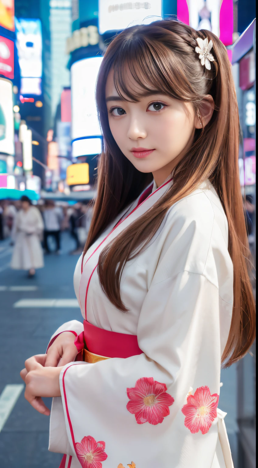 high-definition picture,Detailed image of beautiful woman in Japanese clothes,(masutepiece), (Best Quality), (ultra-detailliert),(beautiful hairl),(1girl in),with round face (Komono,obi set), white kimono with butterfly pattern,fullbody image,Fashion Model, Looking at Viewer, (Times Square,New york cityscape details),Beautiful detailed eyes, Delicate beautiful face, (High color saturation),(Shining), Focus on Face, long chestnut hair, (Shining), There is a warm atmosphere in the air,（女優,　Outstanding presence）