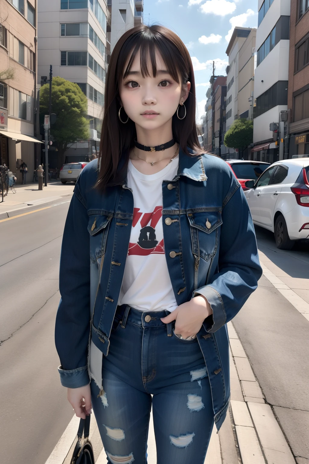 japanes、(masterpiece:1.2、top-quality), (1lady、独奏、The upper part of the body:1.2), The hair:buzzcut, garments:Oversized distressed denim jacket with patches and pins、paired with black skinny jeans and combat boots、 accessory:Silver Hoop Earrings and Black Choker Necklace、Hang out at underground music venues and street art exhibits