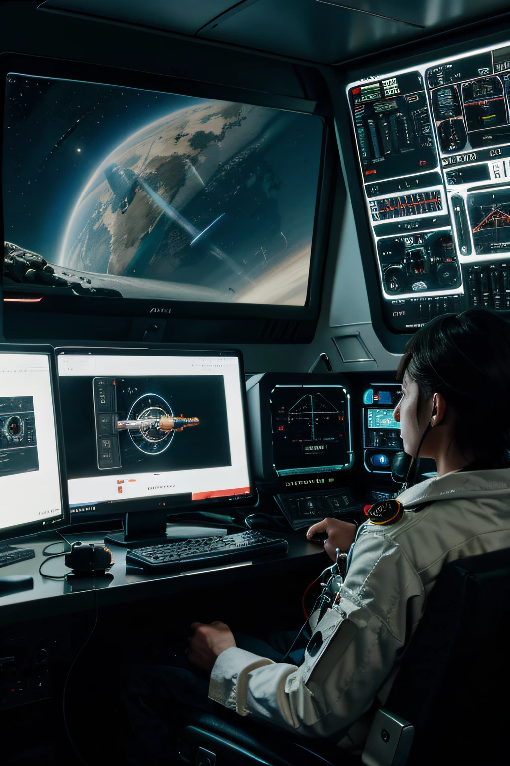 spaceship cockpit, computer monitor screen, astronaut