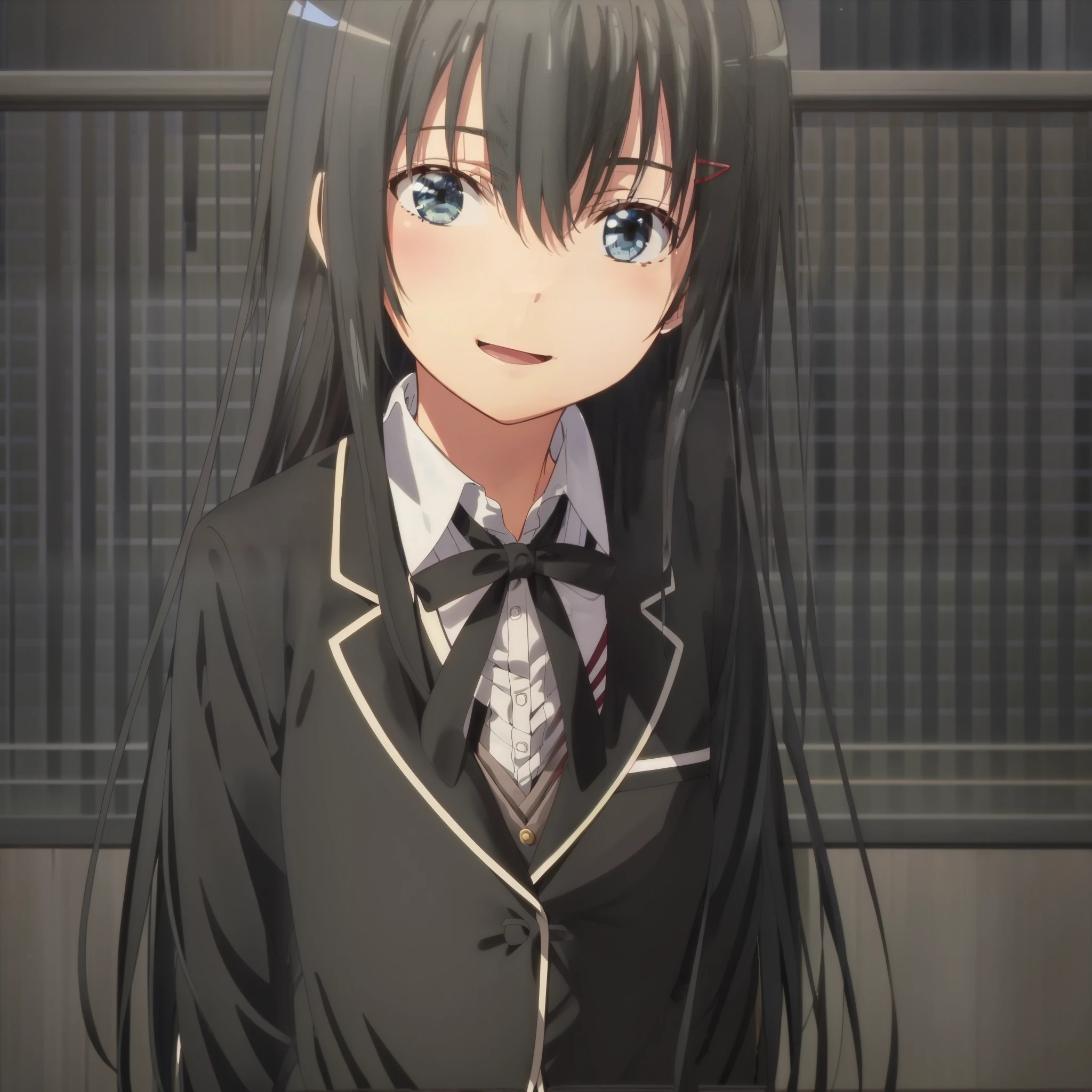 Yukinoshita yukino ,anime screencap,anime coloring,1girl, long hair, solo,open mouth,smile,upper body,head tilt, black hair, blue eyes, black background, hair ornament,simple background, black jacket , skirt ,green bow, looking at viewer, school uniform ,