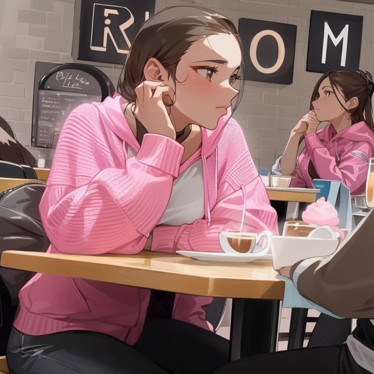 there are people sitting at a table in a restaurant talking, sitting in a cafe, in a coffee shop, candid shot, candid photo of gal gadot, valentina remenar, sitting in a cafe alone, candid photograph, looking distracted, wearing a pink hoodie, candid picture, at a mall, looking distracted and awkward, some pink, wearing a pastel pink hoodie
