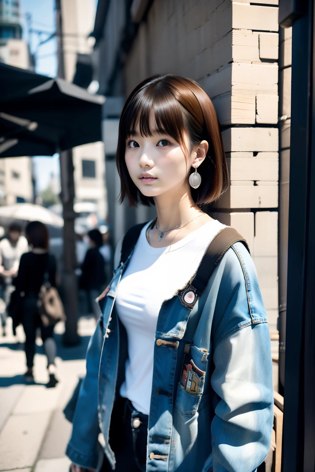 japanes、(masterpiece:1.2、top-quality), (1lady、独奏、The upper part of the body:1.2), The hair:buzzcut, garments:Oversized distressed denim jacket with patches and pins、paired with black skinny jeans and combat boots、 accessory:Silver Hoop Earrings and Black Choker Necklace、Hang out at underground music venues and street art exhibits