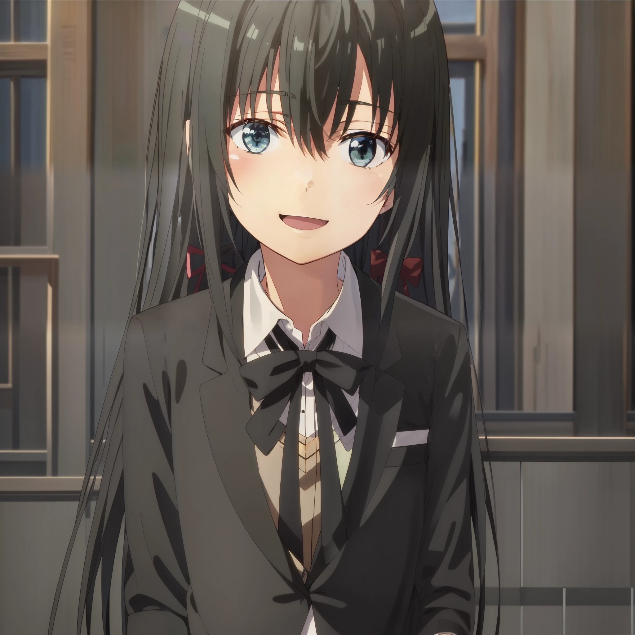 Yukinoshita yukino ,anime screencap,anime coloring,1girl, long hair, solo,open mouth,smile,upper body,head tilt, black hair, blue eyes, black background, hair ornament,simple background, black jacket , skirt ,green bow, looking at viewer, school uniform , full body