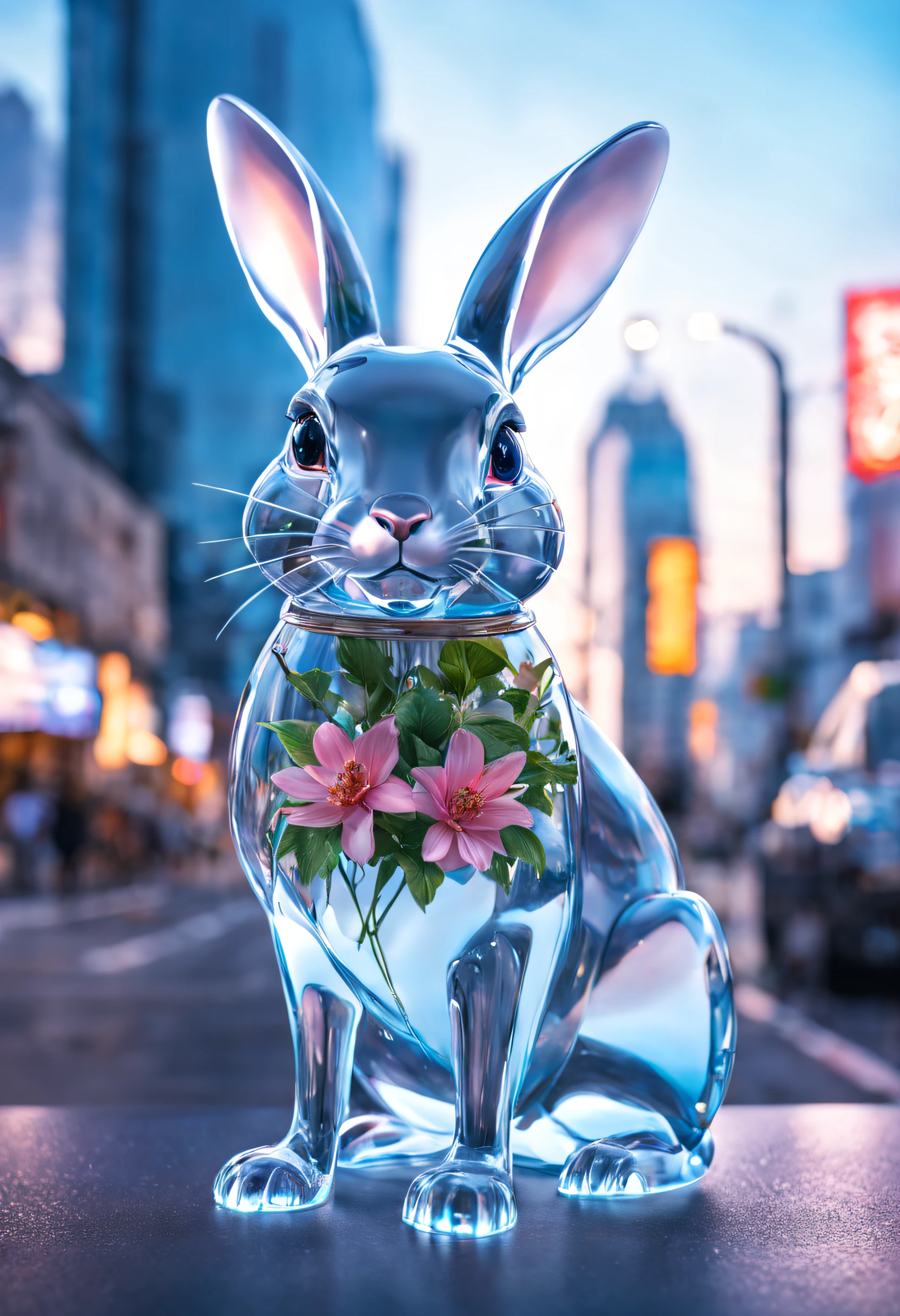 realistic glasssculpture of a rabbit, translucent, transparent, detailed cityscape background, street, reflections. cgsociety masterpiece, flowers everywhere, artstation trending, by rossdraws, ghibli, Kimi no Na wa, greg rutkowski