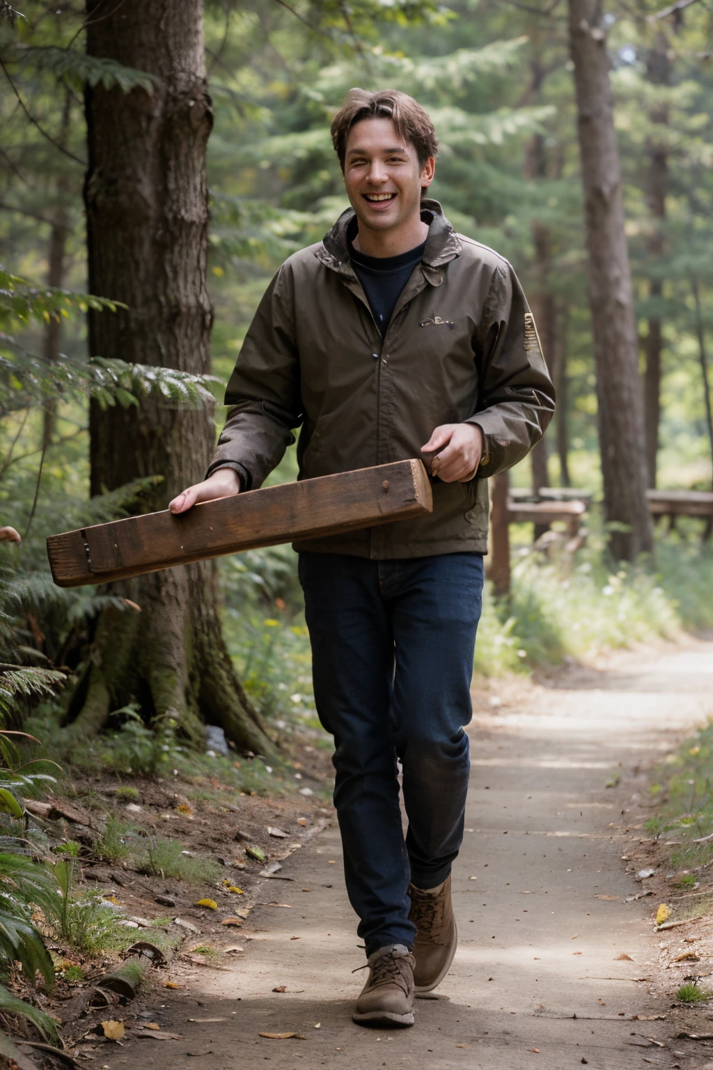 excited man carrying wooden plank in wild forest