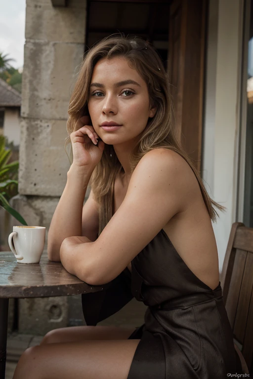 Brezilienne bronze of 22 years, blonde balayage, cheveux longs, hauteur 160, robe simple orange, with a cup of coffee sitting at the table&#39;exterior of the café, pays bali, soleil, ultra realist, photo realist, cinematic, Photographie argentique, digital photography, Photographie argentique, Photographie de film de cinema, Photographie de magazine, Photographie glamour