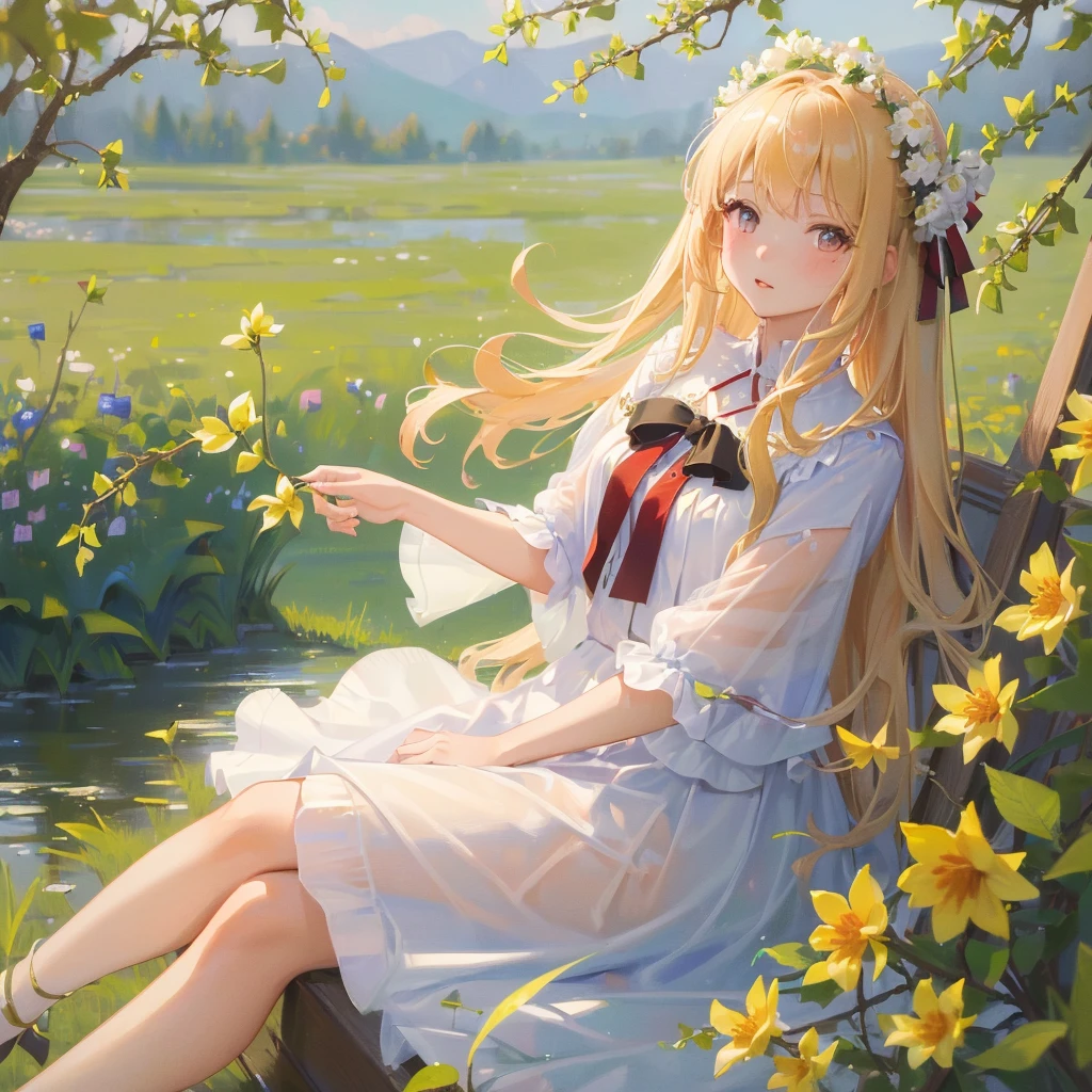 ((Best Quality, 8K, Masterpiece:1.3)), 1girl, lovely angel, flaxen hair, cherry-lipped beauty, sit on the flowering alfalfa, Singing With the lark, in the early morning , in the clear summer sun, (depth of field:1.3)