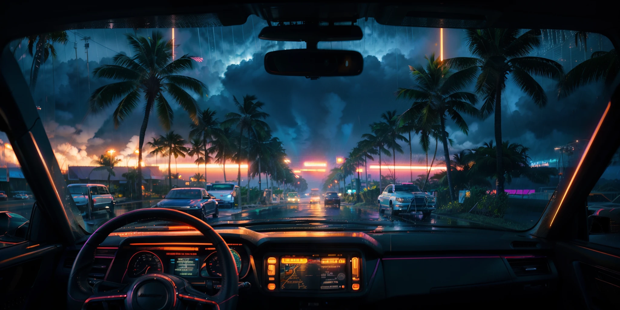 a view of a car driving down a road with palm trees, art deco outrun anime aesthestic, driving rain, jen bartel, dan mumford. 8 k octane render, epic retrowave art, late night raining, miami synthwave, by Alena Aenami, retro-wave vibes, retrowave vibes, low detailed. digital painting, retrowave atmosphere
