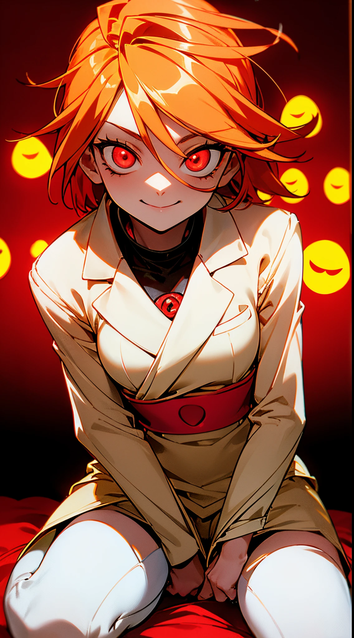 ,ginger hair, 'I am Nagisa', possessed Nagisa, glowing red eyes, horror setting, pervert, smile, sitting in class, evil aura, normal classroom setting