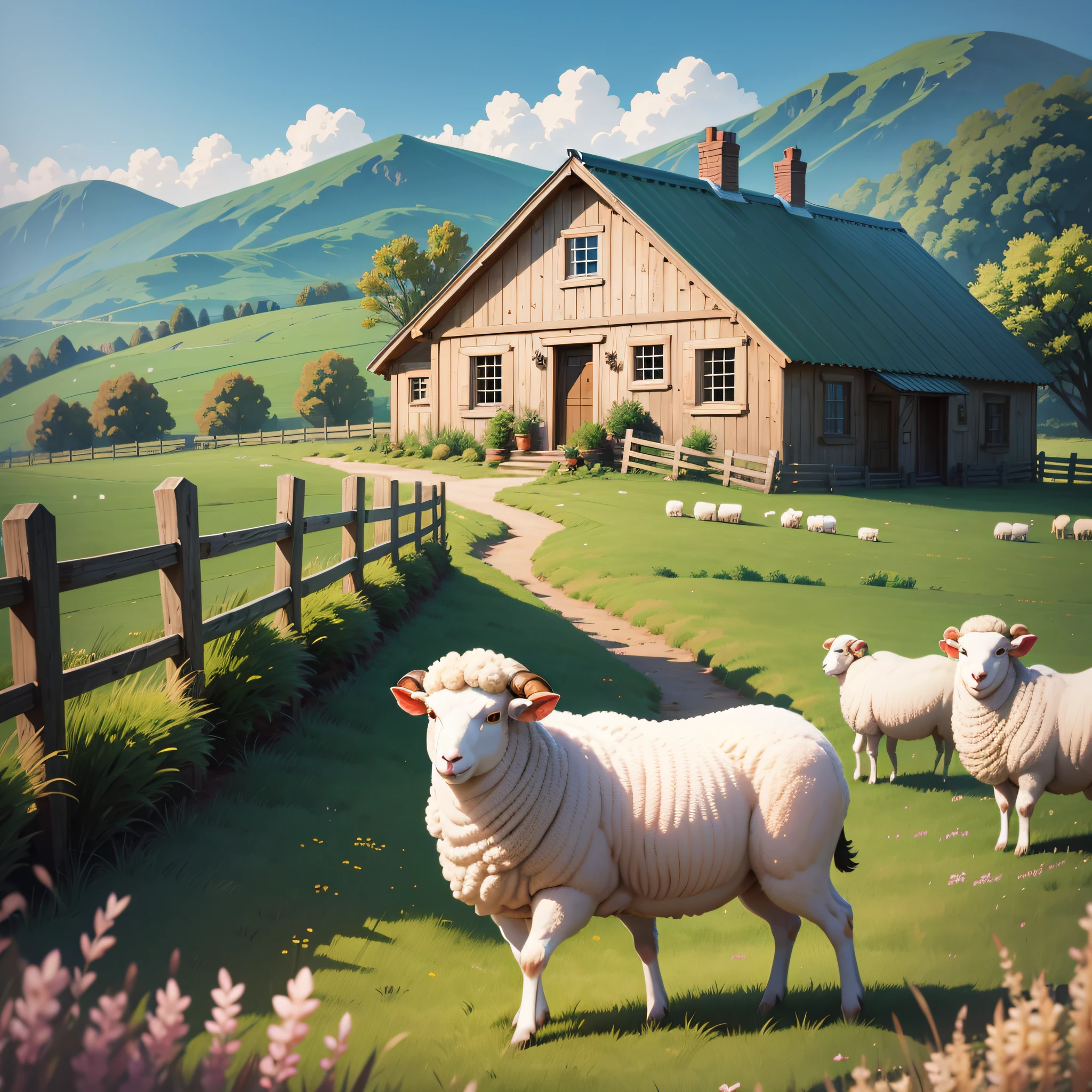 Vector style, 8k, clear focus for 3 sheep, sheep's head fine, background meadow, distant house fence --auto --s2