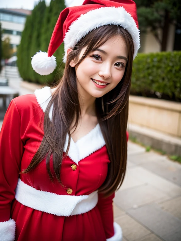 An ultra-high picture quality、((Only one girl appears in the photo、Looking at the camera、red and white santa costume、My girlfriend came to my house on Christmas day.))、(Very cute 27 year old Japanese woman、lovely expression、Laugh a lot、Very good style、Light makeup、gloss々Hair、Slender eyes、brown hair shoulder length)、Very fun、