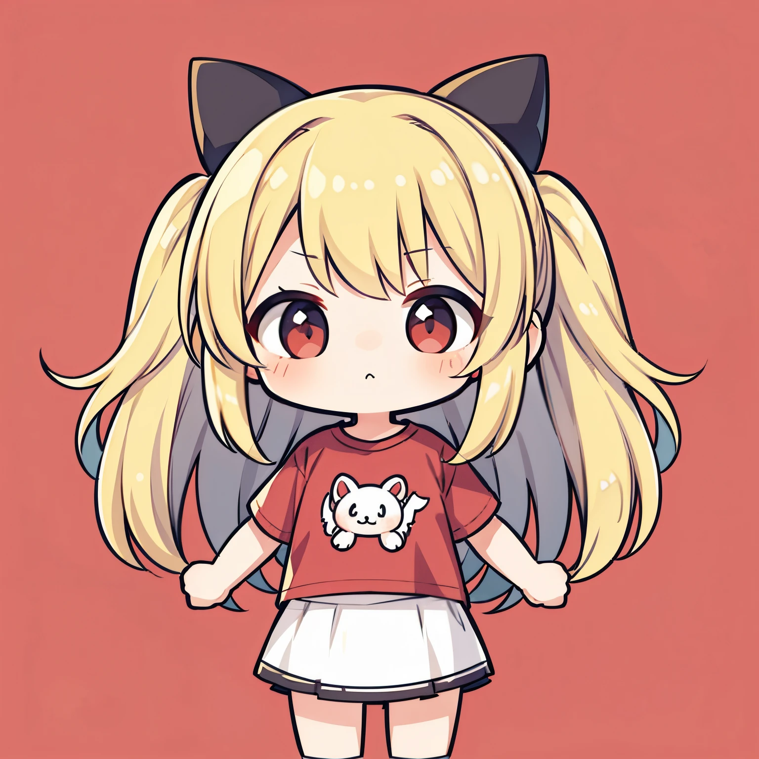 masterpiece, Top Quality, 1girll、cartoon bones、 chibi:1,chibi kiara,cowboy shots, a blond, Long hair, Overfit red t-shirt, Colorless plain background