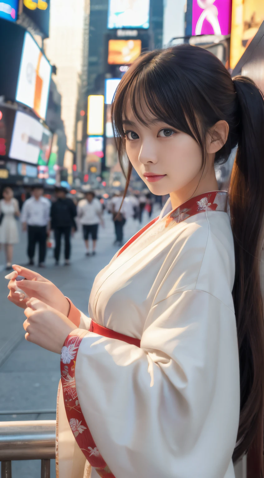 high-definition picture,Detailed image of beautiful woman in Japanese clothes,(masutepiece), (Best Quality), (ultra-detailliert),(beautiful hairl),(1girl in),with round face,Especially beautiful facial details, (Komono,obi set), （White kimono with butterfly pattern,）fullbody image,Fashion Model, Looking at Viewer, (Times Square,New york cityscape details),Beautiful detailed eyes, Delicate beautiful face, (High color saturation),(Shining), Focus on Face, long chestnut hair, (Shining), （女優,　Outstanding presence）
