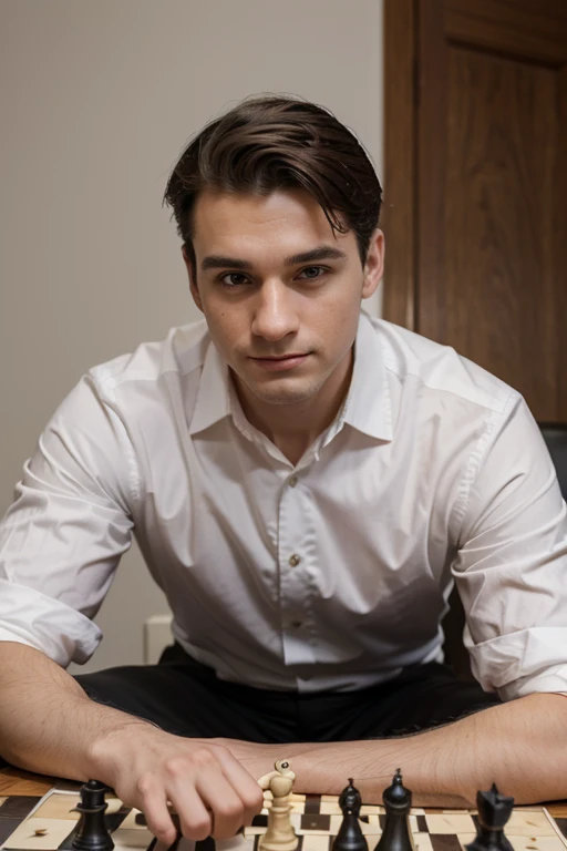 Extreme details, flawless, like a work of art, a 25 year old matured man dressed in a matured and white collar clothing and he is sitting in front of a chess board, the man appears to be thinking but his face brims of excitement