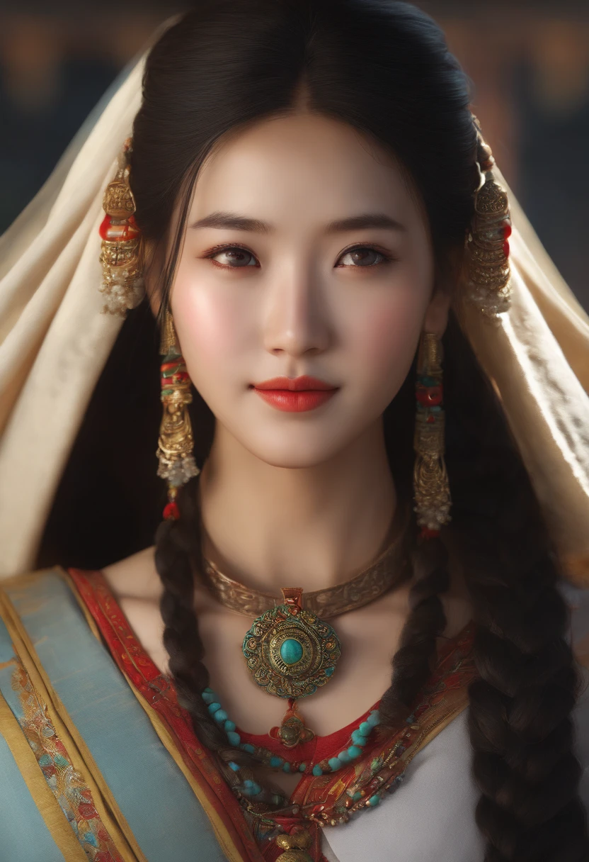 A girl, long braids, Tibetan girl, Close -up, slightly raised head, smile, bust portrait, Upper body, Yang Highness's appearance, Like Tibetan is great, Cumbersome Tibetan necklace, Tibetan headdress cumbersome, Fluff on clothes, White remnants, Real person CG, Sweet Style, Film style, HD 4K