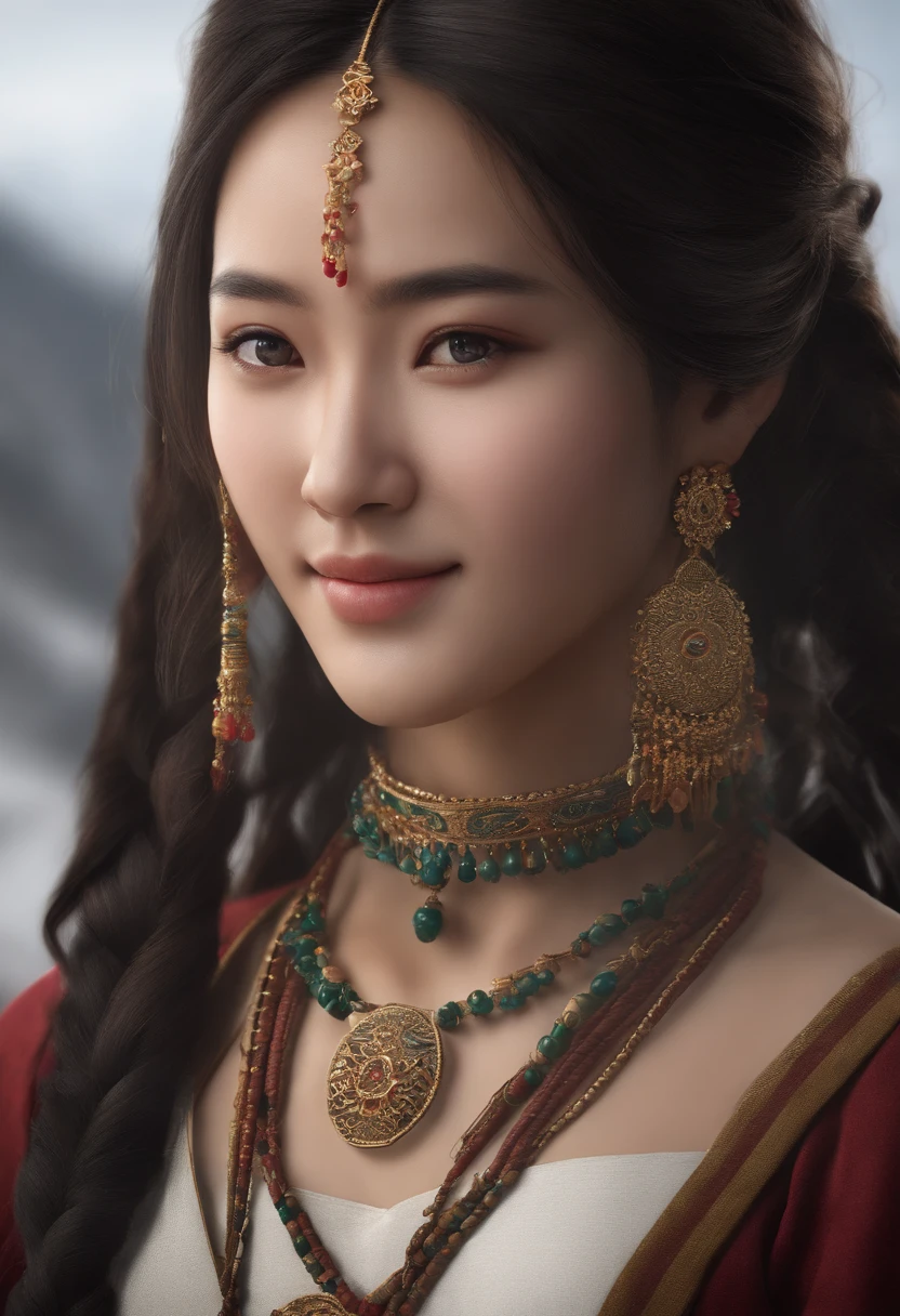 A girl, long braids, Tibetan girl, Close -up, slightly raised head, smile, bust portrait, Upper body, Yang Highness's appearance, Like Tibetan is great, Cumbersome Tibetan necklace, Tibetan headdress cumbersome, Fluff on clothes, White remnants, Real person CG, Sweet Style, Film style, HD 4K