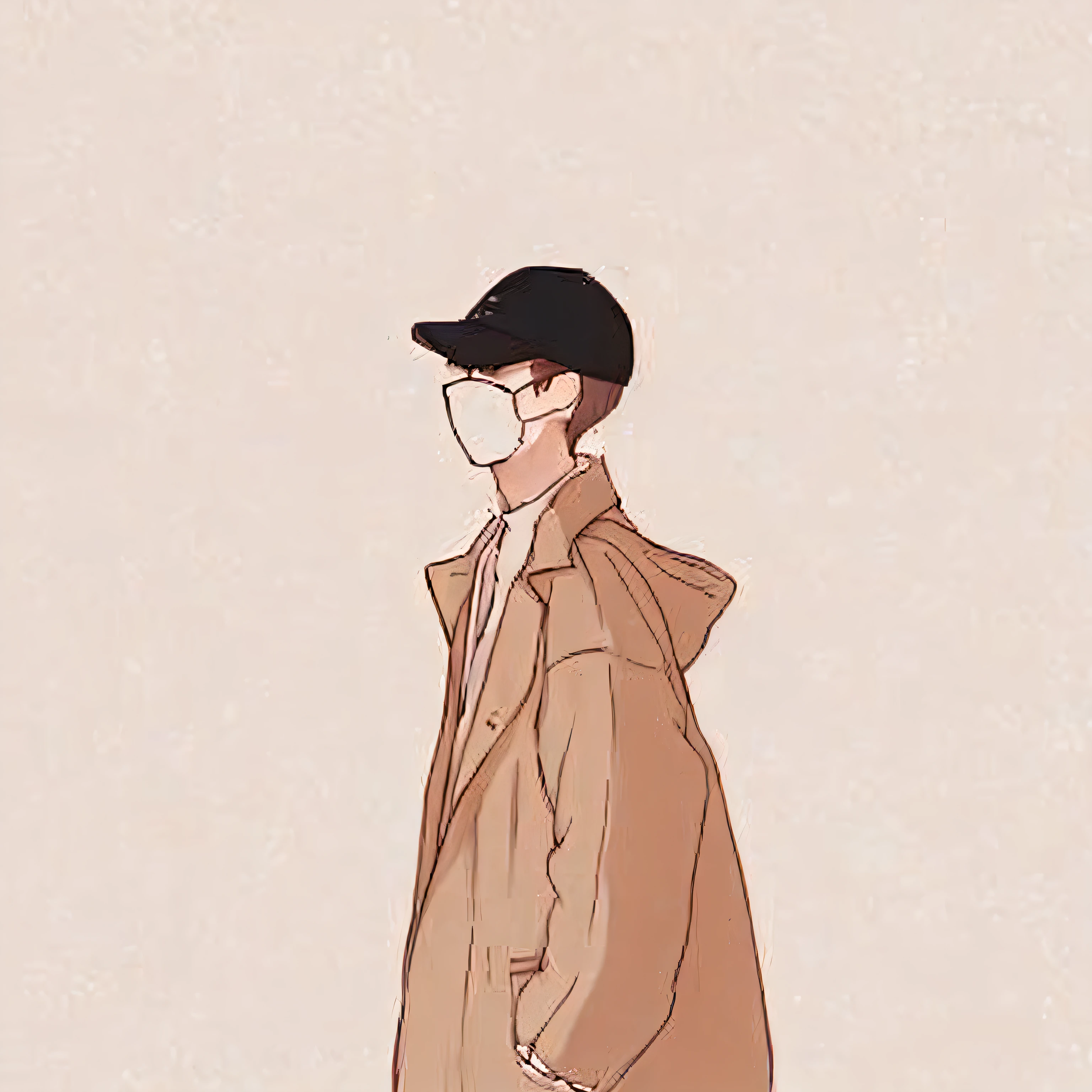 One in a trench coat、Man in glasses standing in front of the wall, dress up as a fisherman 🧥, , style of anime,, Lopfe art style, painterly style, simple aesthetic, Toon aesthetic, lo fi, lofi portrait, He is wearing a trench coat, lo-fi art, Lo-Fi, Lo-Fi, clean artstyle, minimalist cartoon style, it's wearing a cute little hat