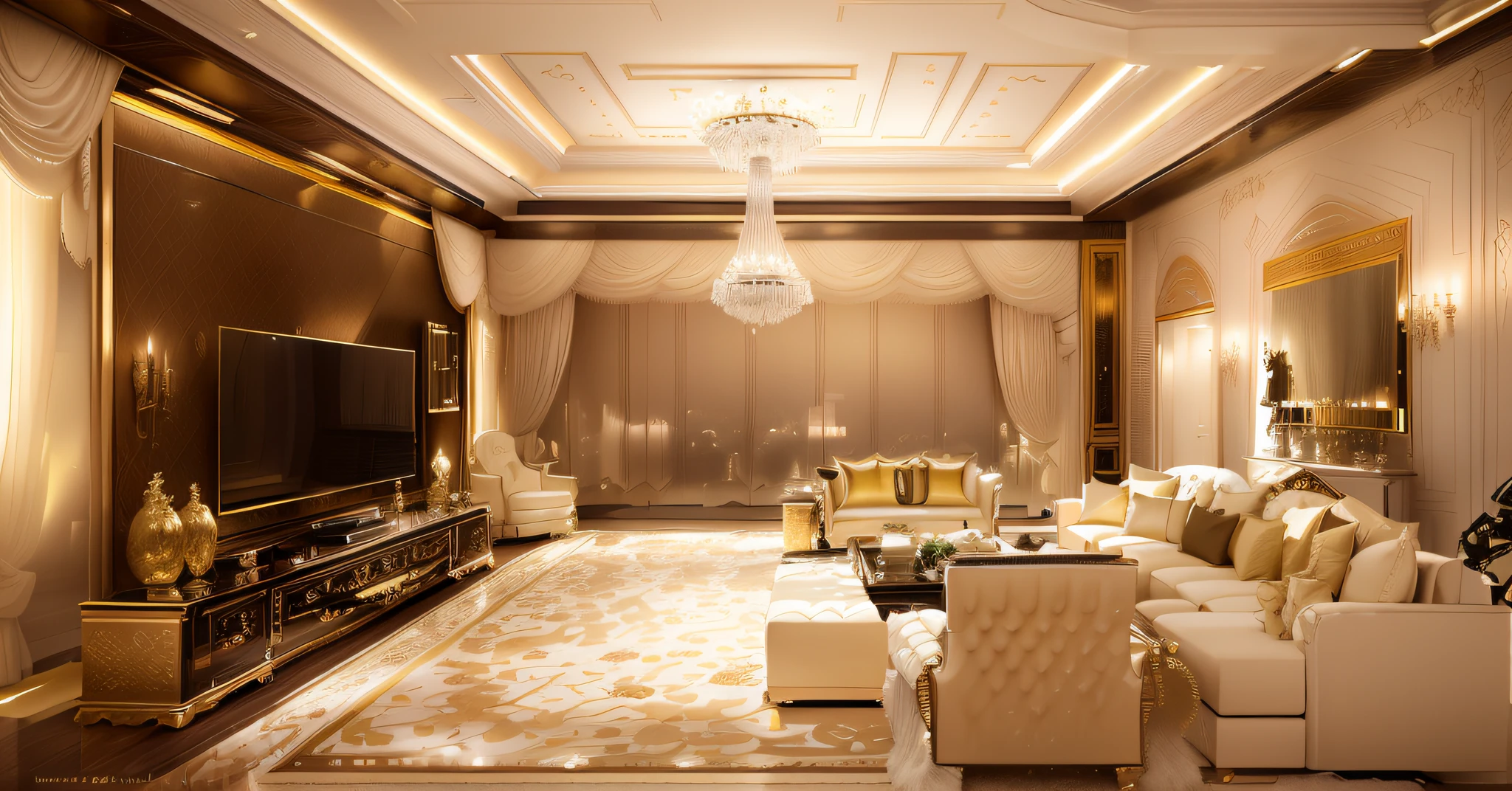 Alafid living room with large screen TV and large windows, luxurious environment, islamic interior design, royal interior, extremely rich, luxury hd render, elegant rendering, interior living room, luxury condo interior, luxurious furniture, living room interior, liveroom, Creamery, exquisite rendering, high end interior, neoclassicism style, living room interior design
