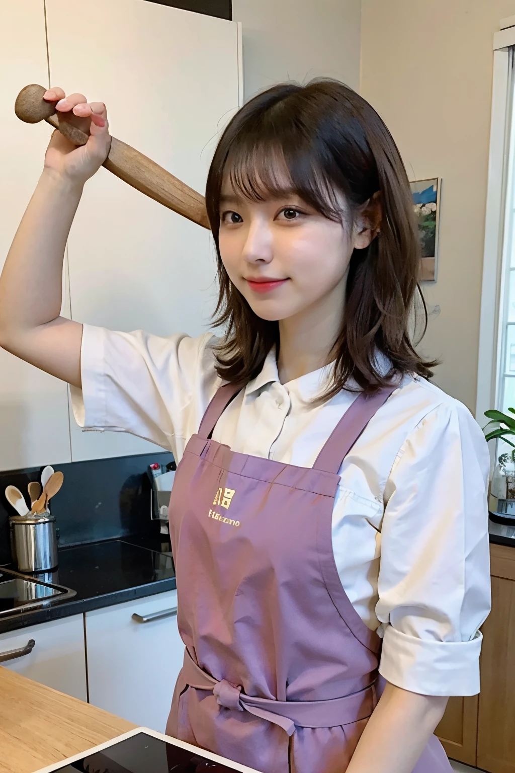 A woman is cooking.、(Kitchin_apron:1.Wear 3)、Good hands、10、high-res、master-piece、最高品質、head:1.3、((Hasselblad photo))、Fine Skin、crisp focus、(Light like a movie)、gentle lighting、Dynamic Ungle、[:(detailed face:1.2):0.2]、mediuml breasts、Sweating, skin flow.:1.2、(((In the kitchen))) smile　beautiful profile　Colossal　Beautiful body　Her hair was neatly tied.