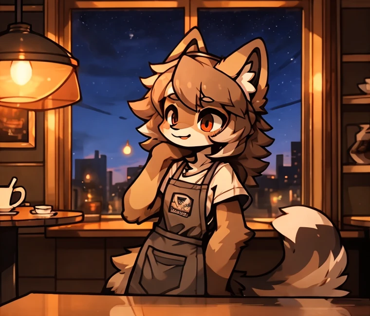 anthro, male, Australian shepherd, wearing baggy pants and black t-shirt+, cafe hotel, window view, serving coffee, green and red apron, by Zackary911, by Wizzkit, by anixs, detailed feminine male body, high quality, anatomically correct, detailed face, fluffy hair, detailed background, masterpiece, 4k hd, cg, cafe and rest, ((night)), moonlight through window, solo