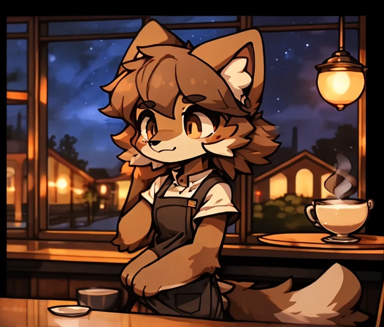 anthro, male, Australian shepherd, wearing baggy pants and black t-shirt+, cafe hotel, window view, serving coffee, green and red apron, by Zackary911, by Wizzkit, by anixs, detailed feminine male body, high quality, anatomically correct, detailed face, fluffy hair, detailed background, masterpiece, 4k hd, cg, cafe and rest, ((night)), moonlight through window, solo