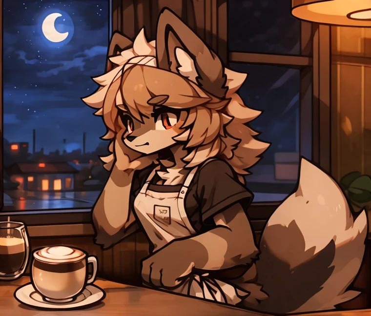 anthro, male, Australian shepherd, wearing baggy pants and black t-shirt+, cafe hotel, window view, serving coffee, green and red apron, by Zackary911, by Wizzkit, by anixs, detailed feminine male body, high quality, anatomically correct, detailed face, fluffy hair, detailed background, masterpiece, 4k hd, cg, cafe and rest, ((night)), moonlight through window, solo