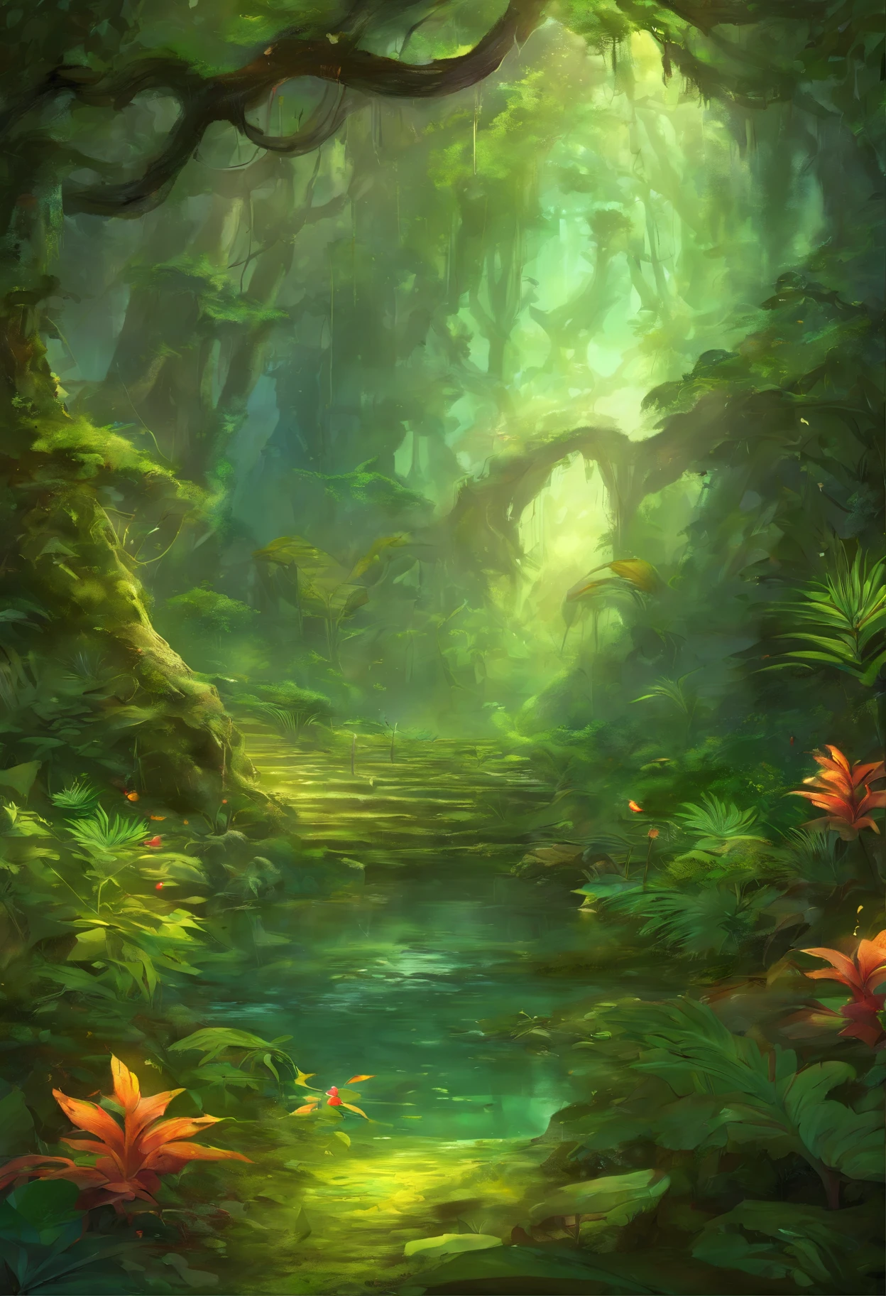 Jungle ground. Trees. Leaves. Fruit. Mysterious. Fantasy.