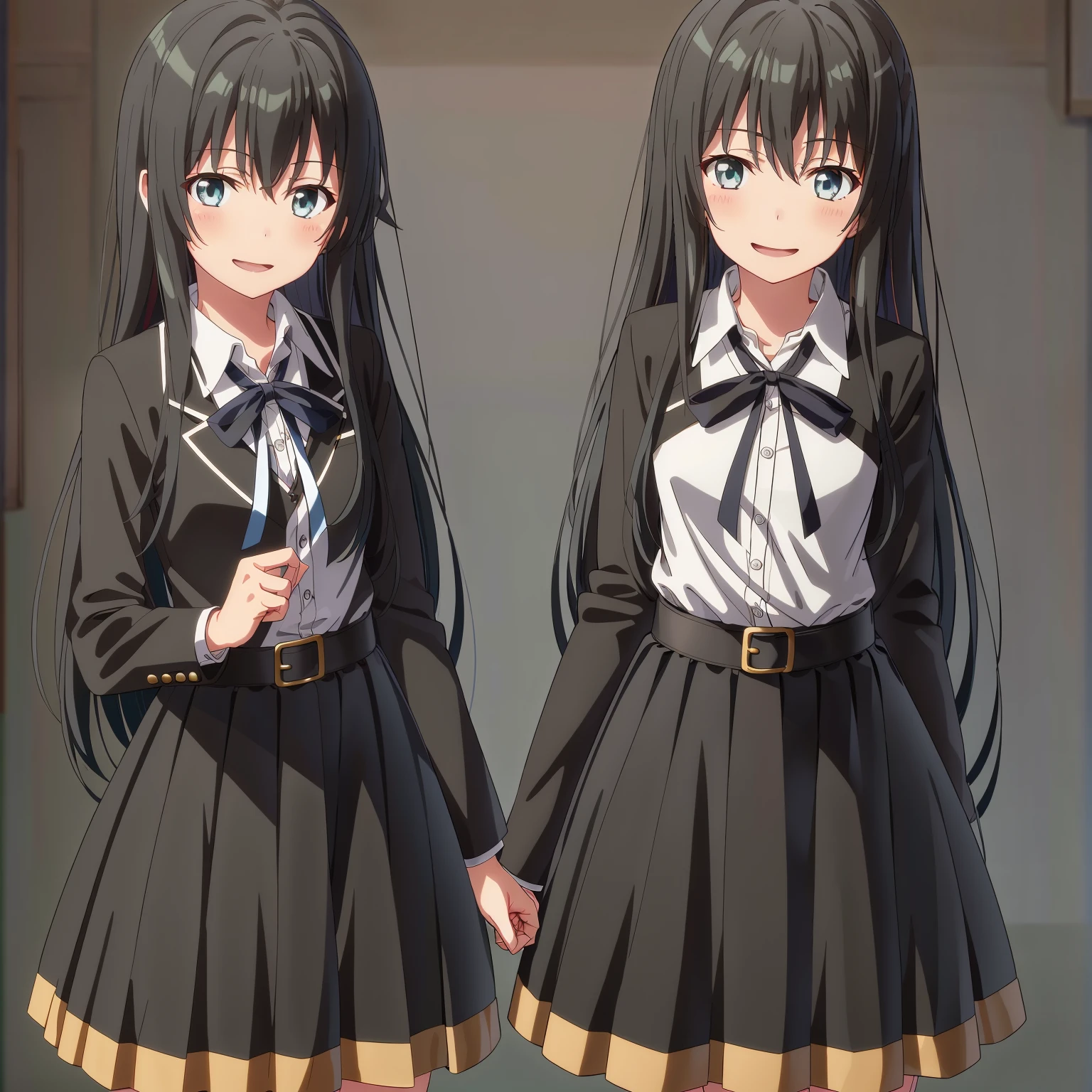 Yukinoshita Yukino ,anime screencap,anime coloring,1girl, long  hair, 独奏,open mouth,smile,Upper body,head tilted, Black hair, eyes blue, black background, hair decoration,simple backround, black jacket , skirt ,Green Arch, looking at the scenes, school uniforms , Full body, wallpaper