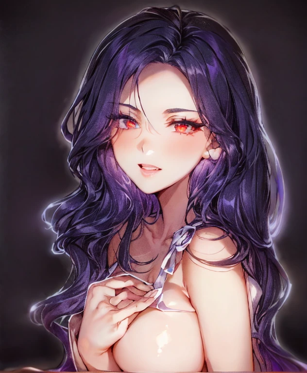 Best quality at best, tmasterpiece,, illustratio, the wallpaper,1个Giant Breast Girl, Alone, 校服, white shirt, Black dress, light colors hair, semi long hair, Beautiful Meticulous Girl, Extremely detailed eyes and face, 美丽细致的眼睛, the shy, natural_lamplight, Glow,NSFW, Clean skies, looking at viewert, Outdoor activities, nigh sky, As estrelas (Skysky), Loafer shoes, black pantyhoses, blue bowtie, hair straight, Purple petals, Purple and blue flowers, Red eyes, pony tails, blueribbon,White hair, thick_upper legs, Large breasts, red eyes,