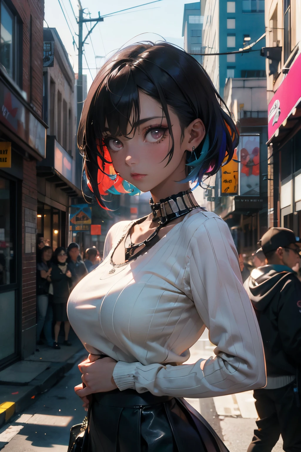 a 20 yo woman、A dark-haired、(hi-top fade:1.3)、dark themed、Muted Tones、Subdued Color、highly contrast、(natural skin textures、Hyper-Realism、Soft light、sharp)、(masutepiece:1.2, Best Quality), (real picture, Intricate details), (1lady, Solo, Upper body, Big Tits)
Clothes: Edgy, Avant-garde, experimental
appearance: Shaved head or bold hair color, Dramatic makeup, Unconventional fashion choices
behavior: defiance, non-conformist, place of provocation: urban art district, Underground Music Scene
hobby: attending punk shows, creating mixed media art, Try different subcultures
values: individuality, authenticity, Creative Expression Inspiration: Punk rock music, Counterculture icons, Characters of the avant-garde movement: Bold, boldness, Unconventional.,Street fashion,a miniskirt,