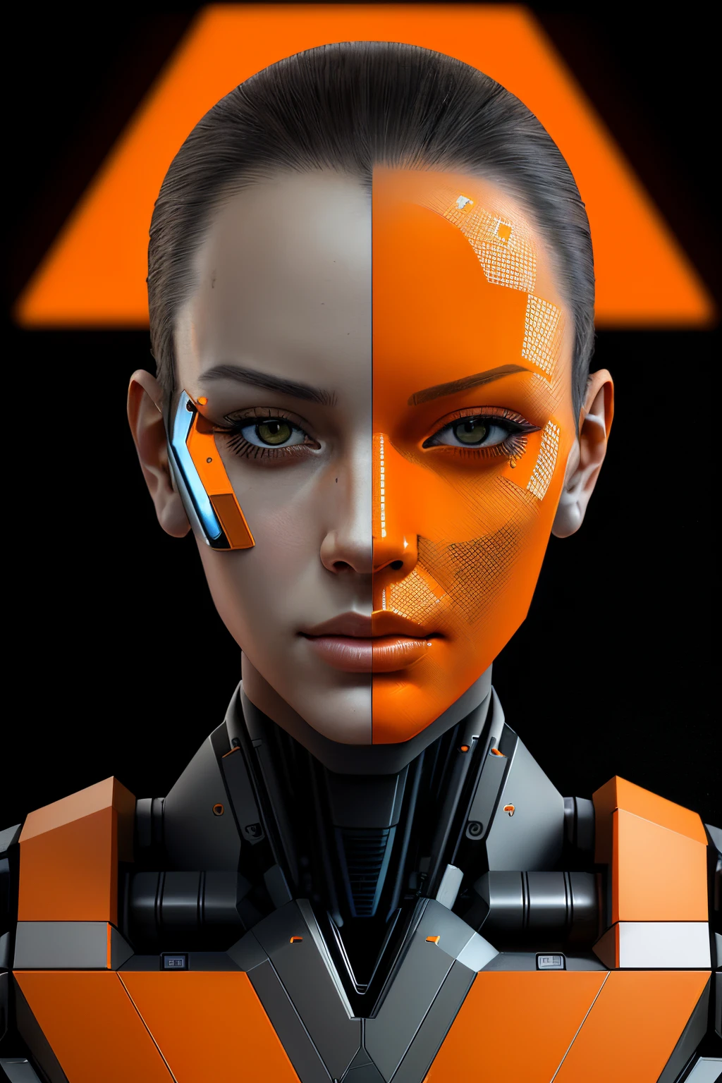 Close-up of man with broken head and orange squares, Portrait of android, Detailed android face, digitalart art, Detailed cyborg portrait, Symmetry! Futuristic robotics, Machine detail embedded in the face, Humanoid portrait, Advanced digital cyberpunk art, symmetry!!!! Cyborg Portrait