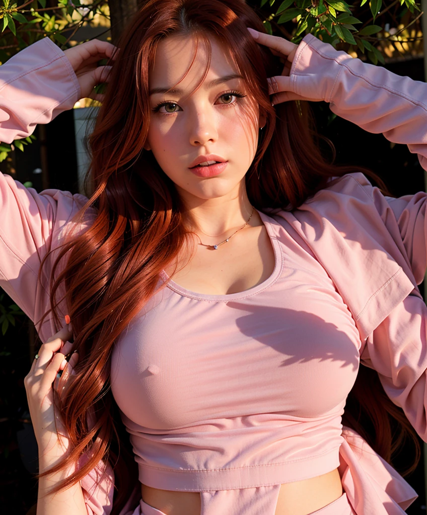 There is a woman with long red hair taking a photo, Blanca Álvarez, amazing beauty, angelawhite, The beauty of jaw projection, Sophie Maud Portrait, Lauren Afriezes, Leaked image, Brown hair and perfect body, casual pose, Portrait of a beautiful woman, Cindy Avellino, Photography by Vanessa Morgan, Inspired by Julia Bashtar