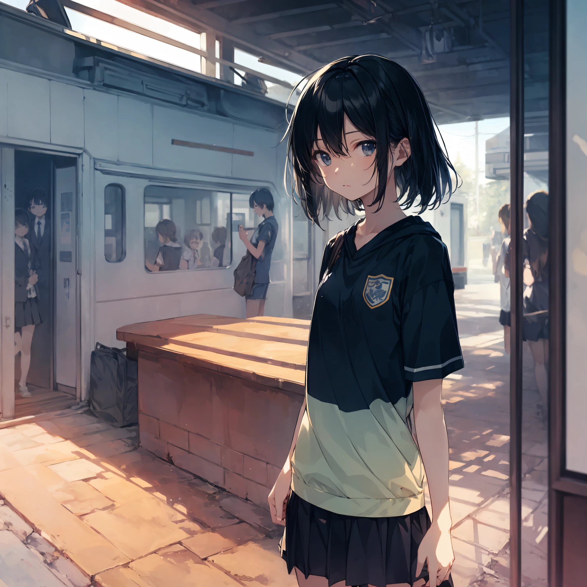 of the highest quality, Ultra-detailed, anime moe art style,Best Anime 8K Konachan Wallpapers,Pixiv Contest Winner,Perfect Anatomy, (Draw a girl sleepily walking to school. ),BREAK, 1girl in, (Solo,Lori,,13yea:1.3),a junior gynous attraction, (Very short hair),hair messy, Full limbs, complete fingers,flat chest, Small butt, groin, Small eyes,Precise black eyes,disgusted eye, School uniform, Skirt,On the way to school. BREAK,High resolution,super detailed skin, Professional Lighting, (cool illustration:1.2),