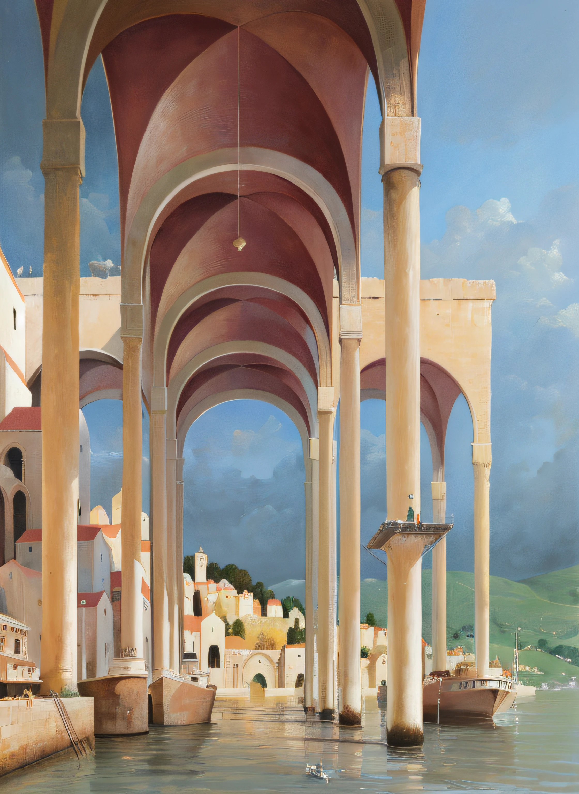 painting of a view of a city with a boat in the water, tall arches, surrealistic roman architecture, dry archways and spires, realistic painting of a complex, inspired by Ricardo Bofill, archs and columns, architectural painting, magic realism matte painting, inspired by Giovanni Bellini, inspired by David Ligare, a cathedral under an overpass, arches, inspired applies to Michiel Schrijver style, 8k res, masterpiece, award art