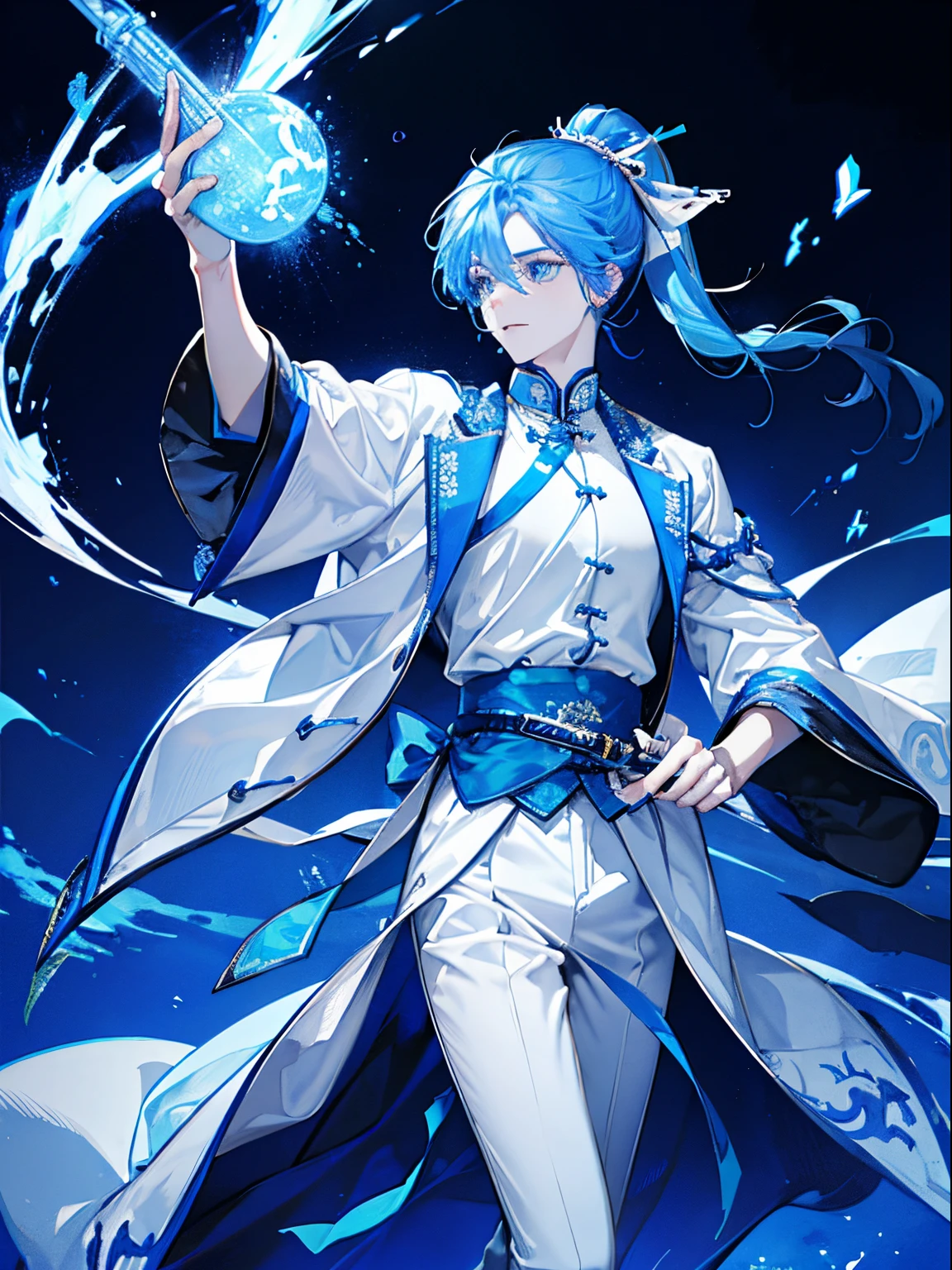 Male teenager、Blue-haired、long pony tail、White china clothes、White pants、Holds a dark blue sword、jumpping、Bright and bullish look、blue dragon in the background