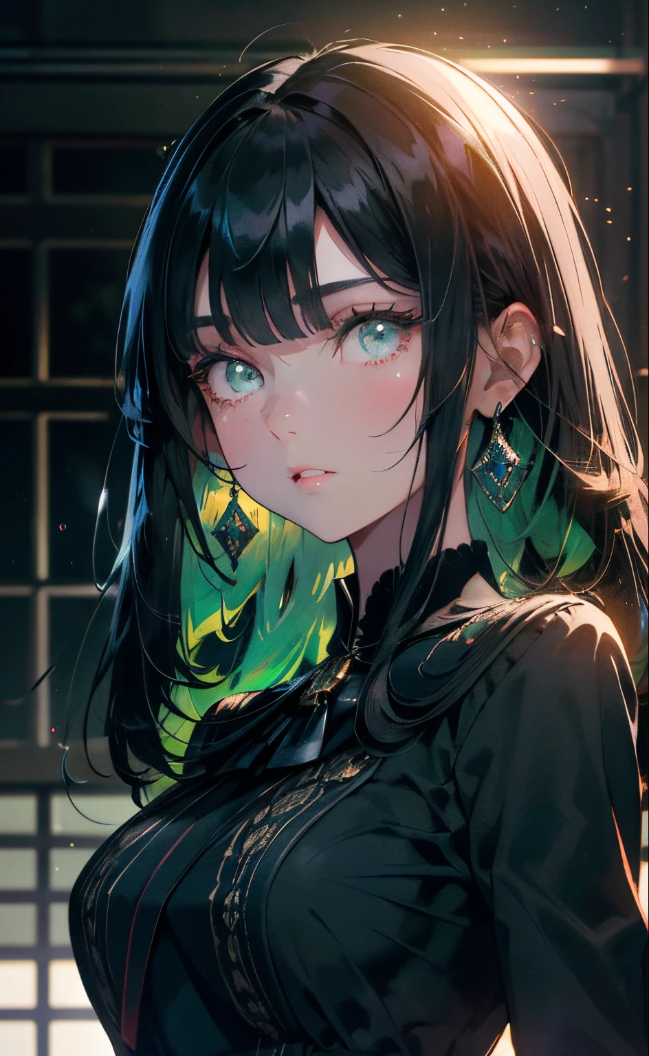 Mature girl , green eyes, black hair (seperated blue straight bangs), medium length hair,  delicate and smart eyes, intricate school uniform, gorgeous accessories, wearing peircings, fov, masterpiece, wolfcut, cute, (heavily ultra detailed)